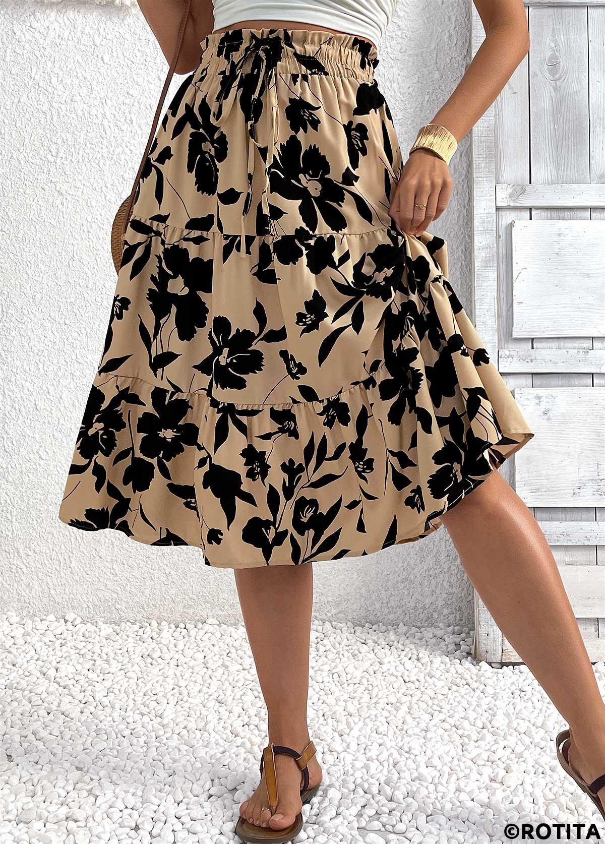 Light Camel bottoms,Floral bottoms,Plants bottoms,Floral Print Light Camel Elastic Waist A Line Skirt
