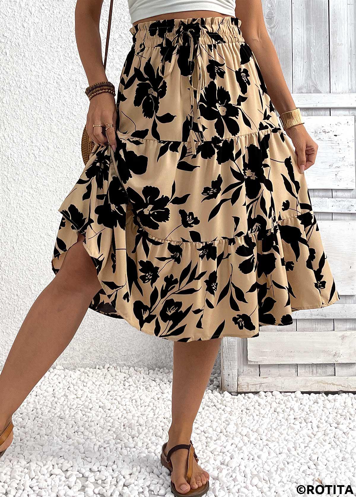 Light Camel bottoms,Floral bottoms,Plants bottoms,Floral Print Light Camel Elastic Waist A Line Skirt