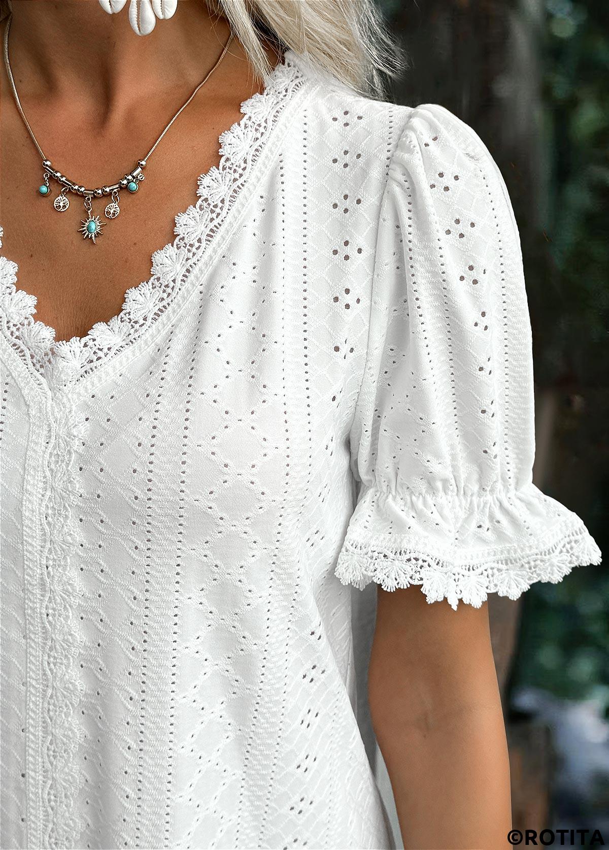 White dresses,Plain Color dresses,Everyday dresses,Casual dresses,ROTITA White V Neck Short Sleeve Dress