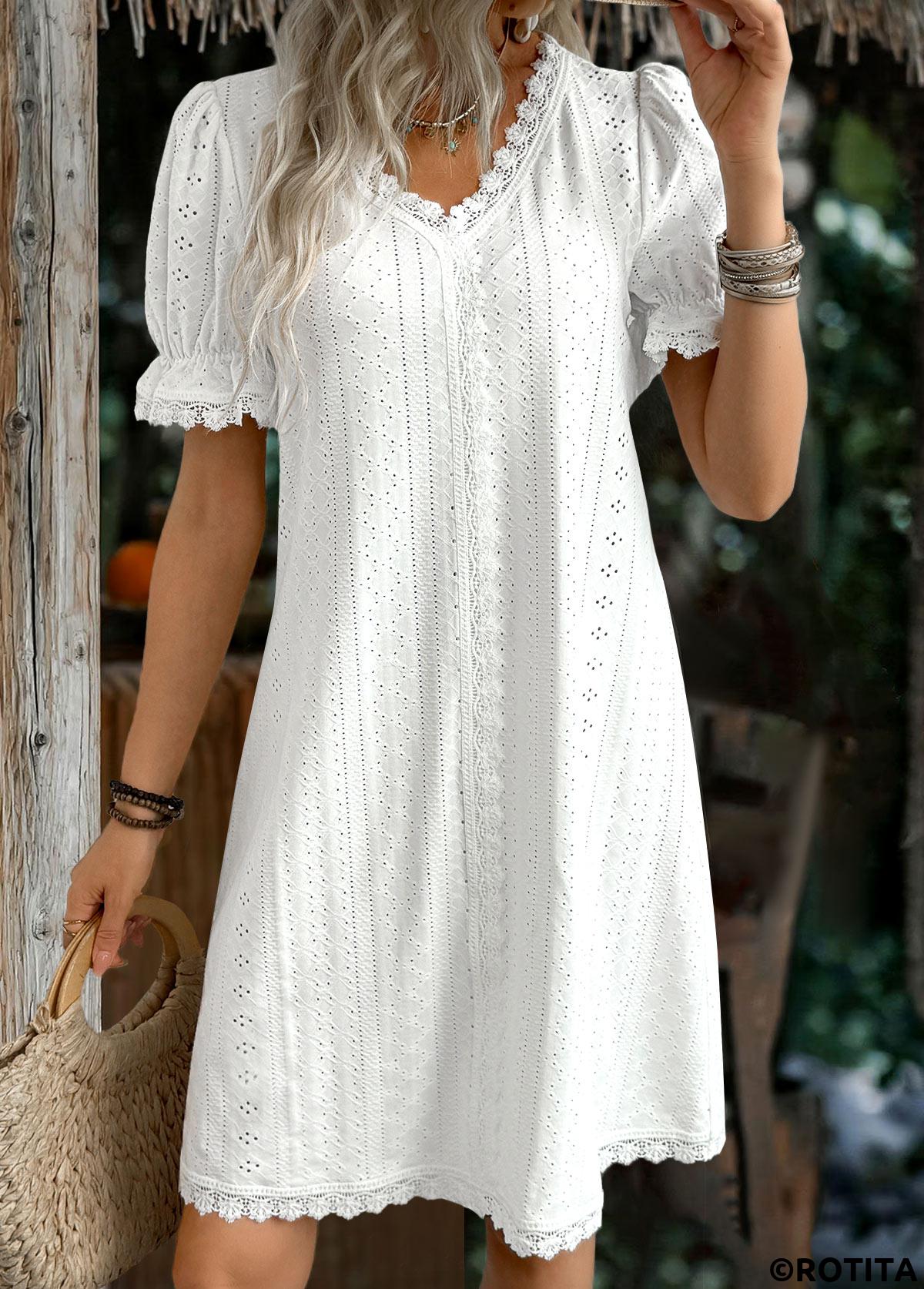 White dresses,Plain Color dresses,Everyday dresses,Casual dresses,ROTITA White V Neck Short Sleeve Dress