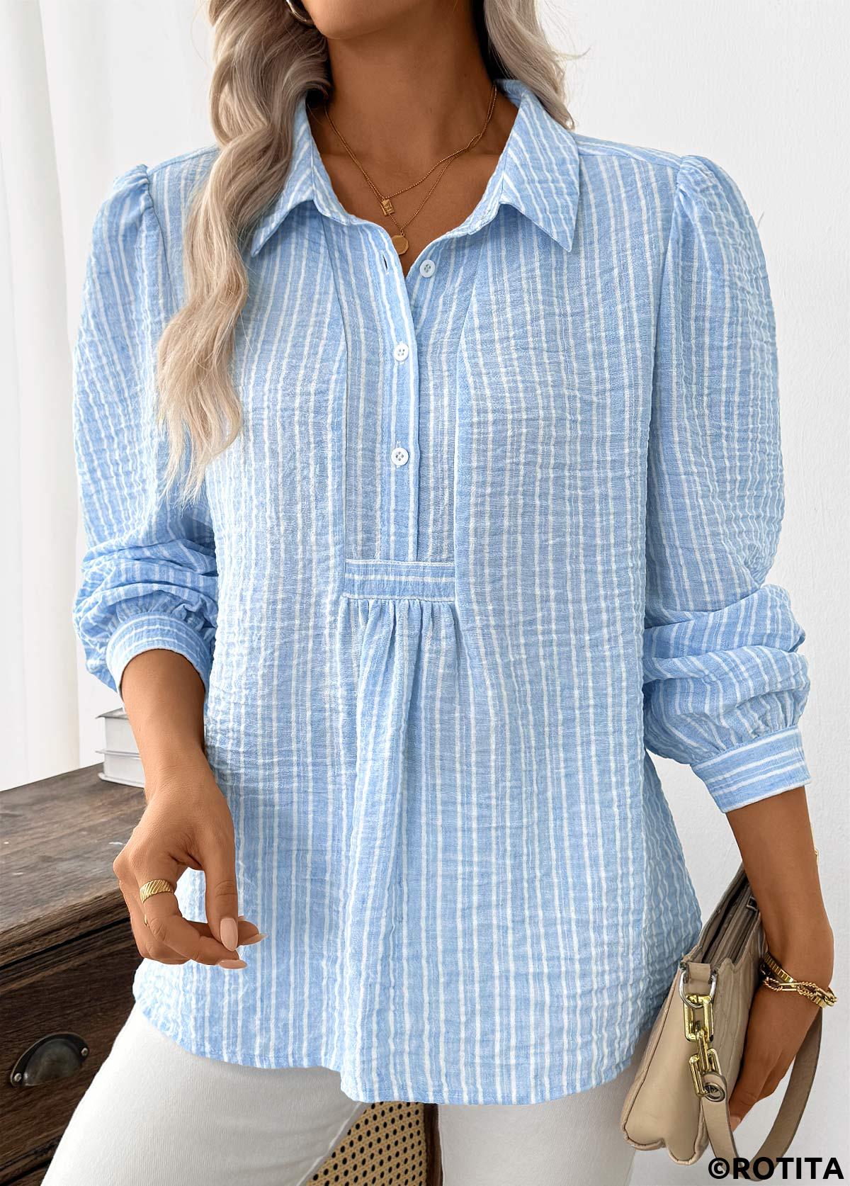 Light Blue tops,Striped tops,Geometric tops,ROTITA Striped Light Blue Turn Down Collar Long Sleeve Shirt