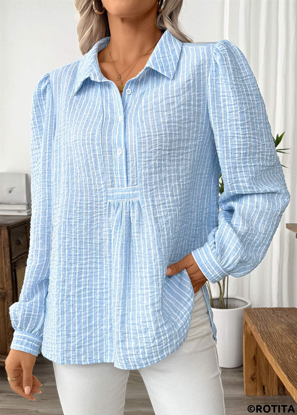 Light Blue tops,Striped tops,Geometric tops,ROTITA Striped Light Blue Turn Down Collar Long Sleeve Shirt