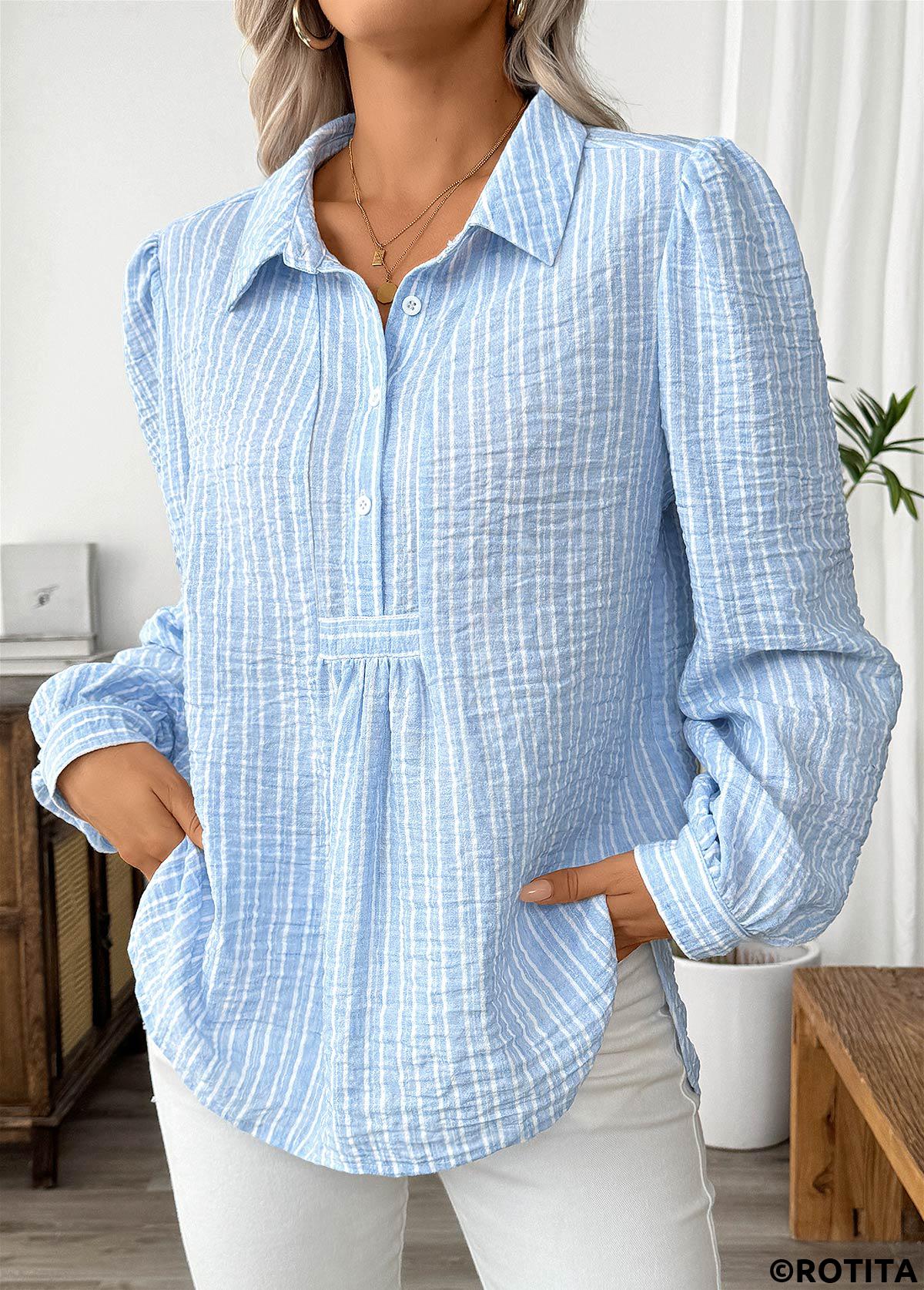 Light Blue tops,Striped tops,Geometric tops,ROTITA Striped Light Blue Turn Down Collar Long Sleeve Shirt