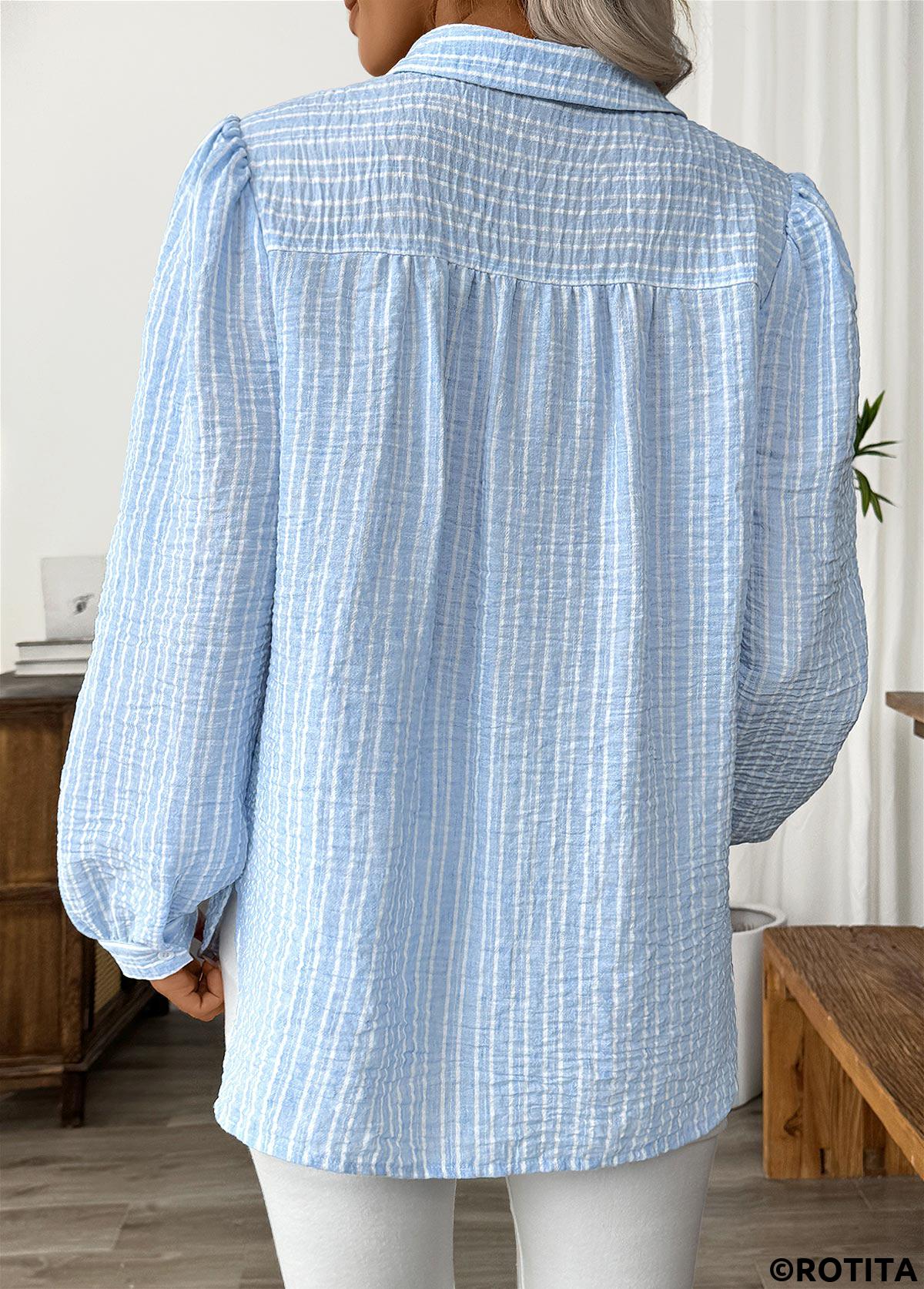 Light Blue tops,Striped tops,Geometric tops,ROTITA Striped Light Blue Turn Down Collar Long Sleeve Shirt