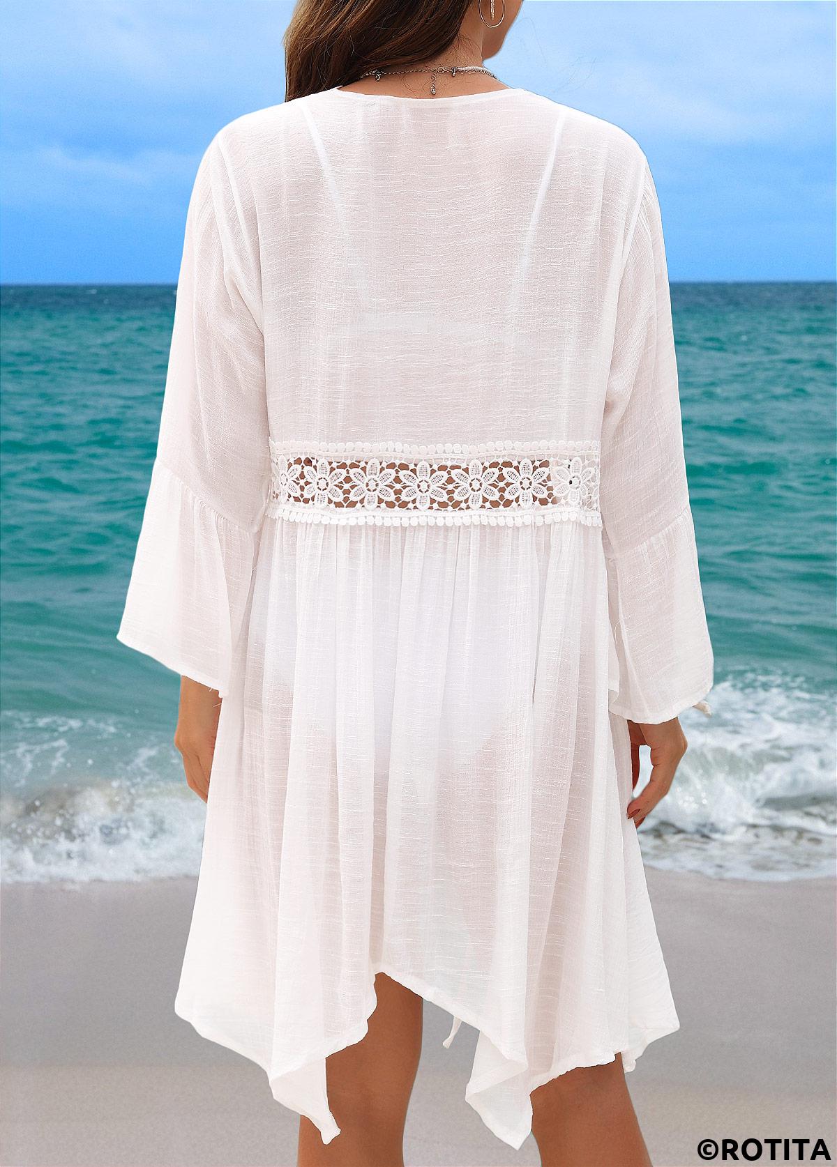 White swimwear,Plain Color swimwear,White Long Sleeve V Neck Cover Up