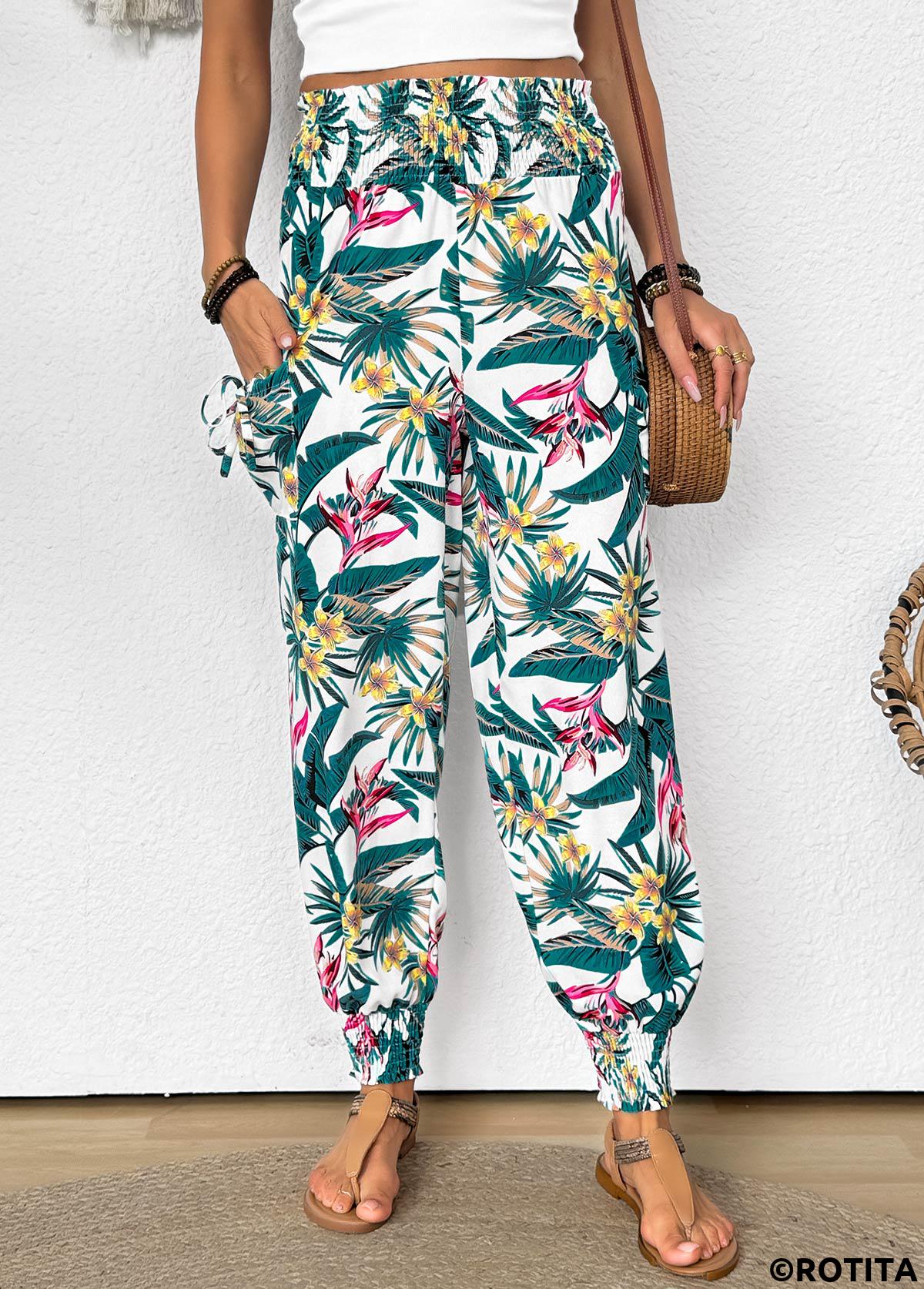 Green bottoms,Plants bottoms,Tropical Plants Print Green Jogger Elastic Waist Pants