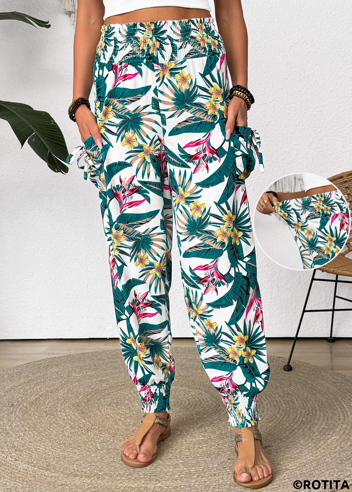 Green bottoms,Plants bottoms,Tropical Plants Print Green Jogger Elastic Waist Pants