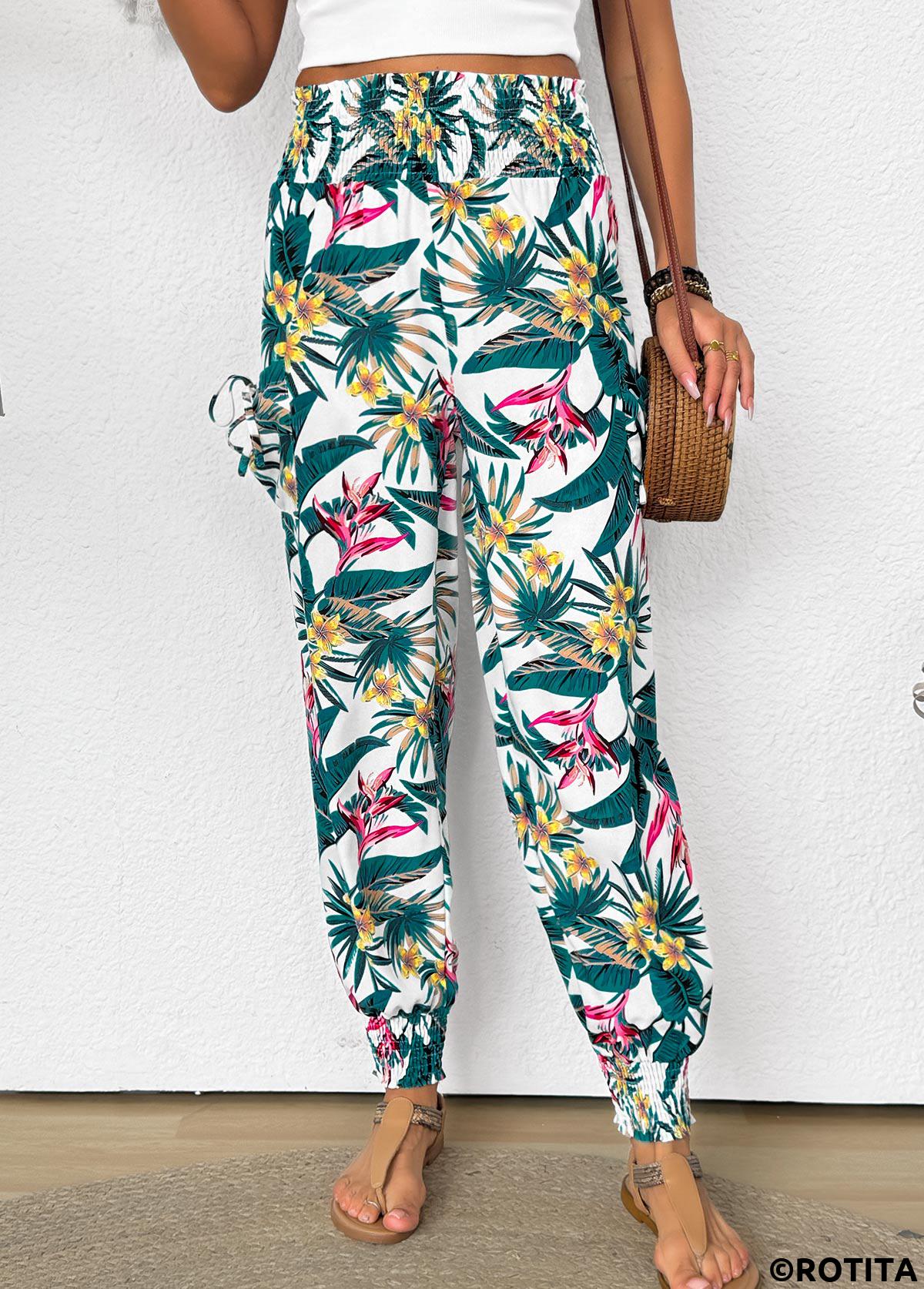 Green bottoms,Plants bottoms,Tropical Plants Print Green Jogger Elastic Waist Pants