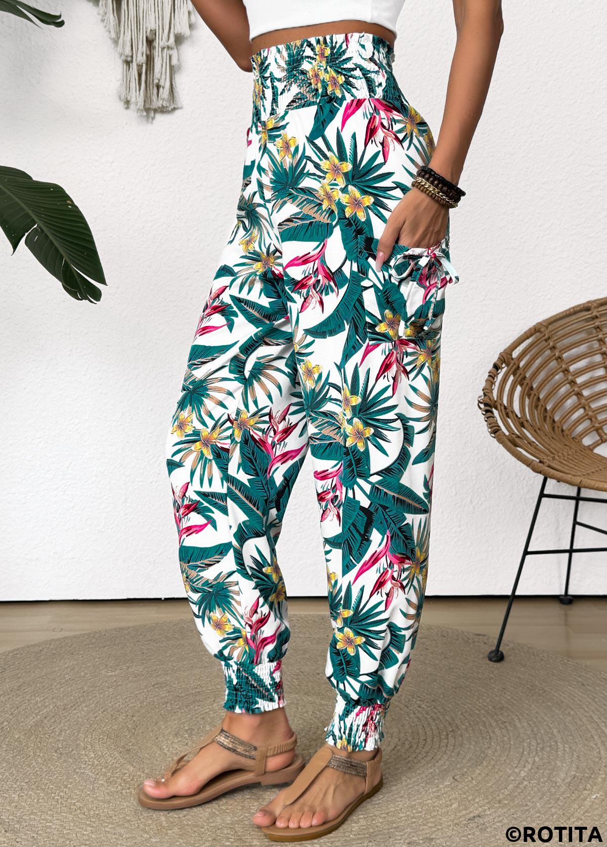 Green bottoms,Plants bottoms,Tropical Plants Print Green Jogger Elastic Waist Pants