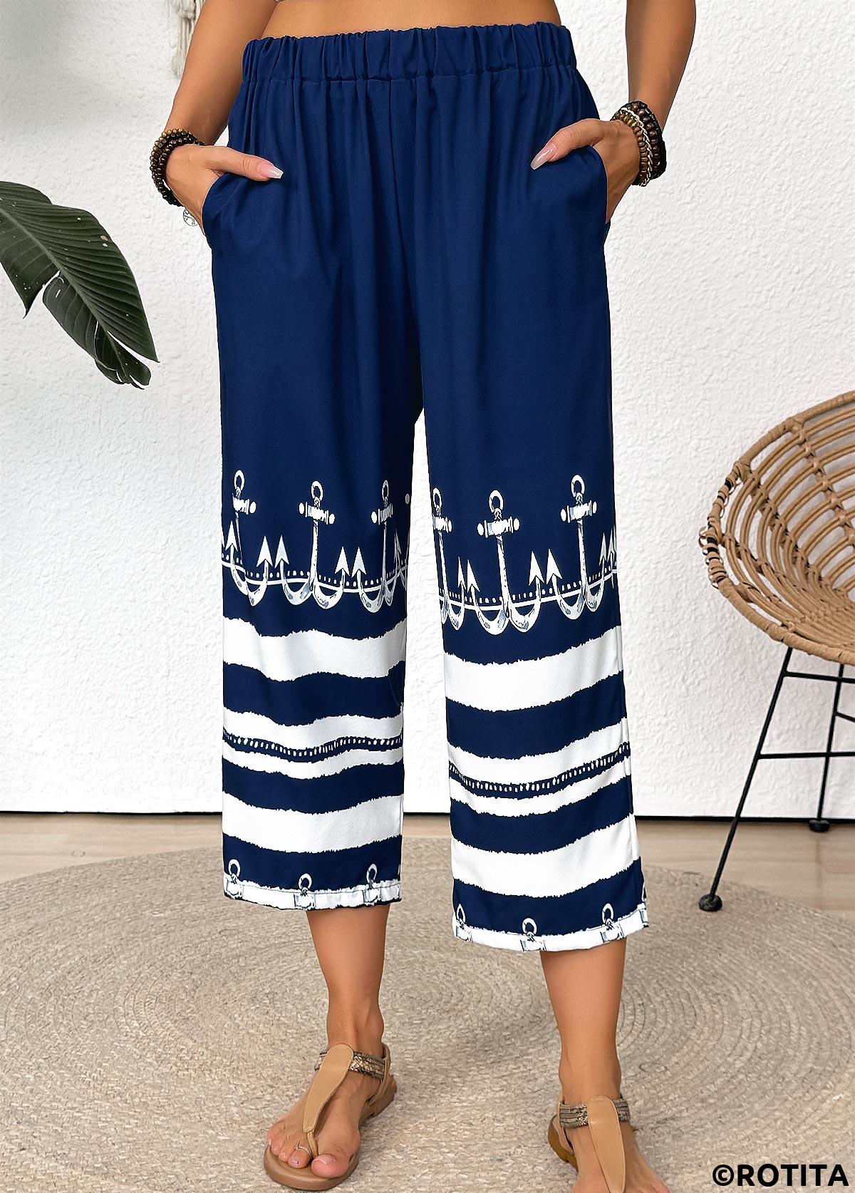 Dark Blue bottoms,Tribal bottoms,Striped bottoms,Geometric bottoms,Tribal Print Dark Blue Straight Leg Elastic Waist Pants