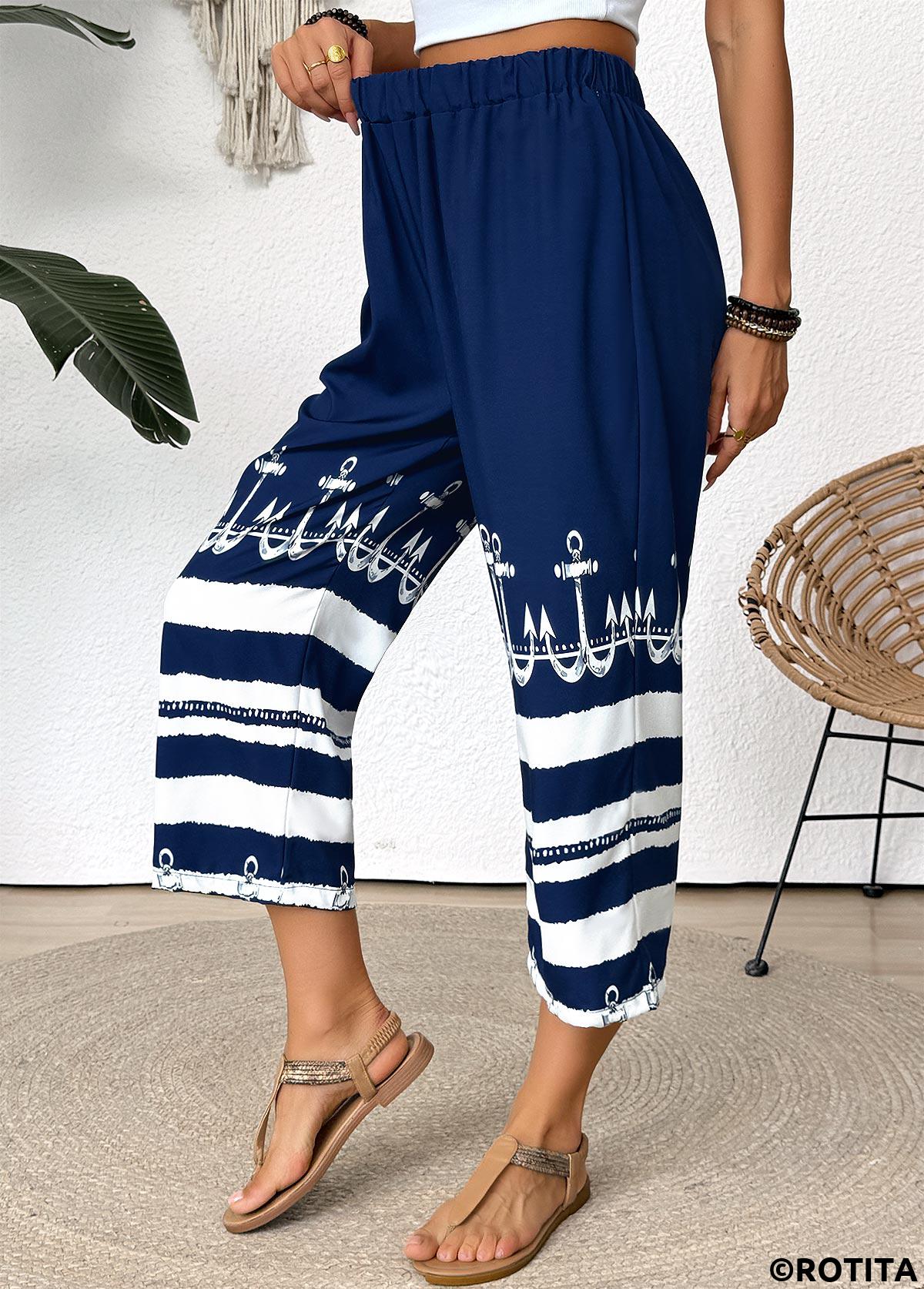 Dark Blue bottoms,Tribal bottoms,Striped bottoms,Geometric bottoms,Tribal Print Dark Blue Straight Leg Elastic Waist Pants