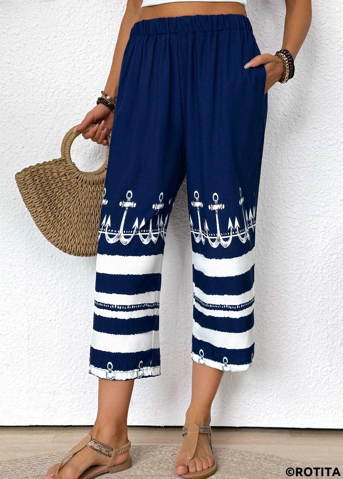 Dark Blue bottoms,Tribal bottoms,Striped bottoms,Geometric bottoms,Tribal Print Dark Blue Straight Leg Elastic Waist Pants