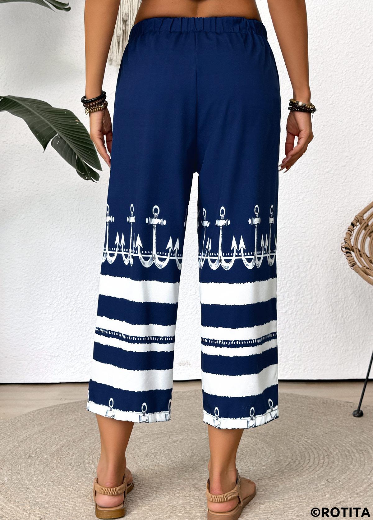 Dark Blue bottoms,Tribal bottoms,Striped bottoms,Geometric bottoms,Tribal Print Dark Blue Straight Leg Elastic Waist Pants