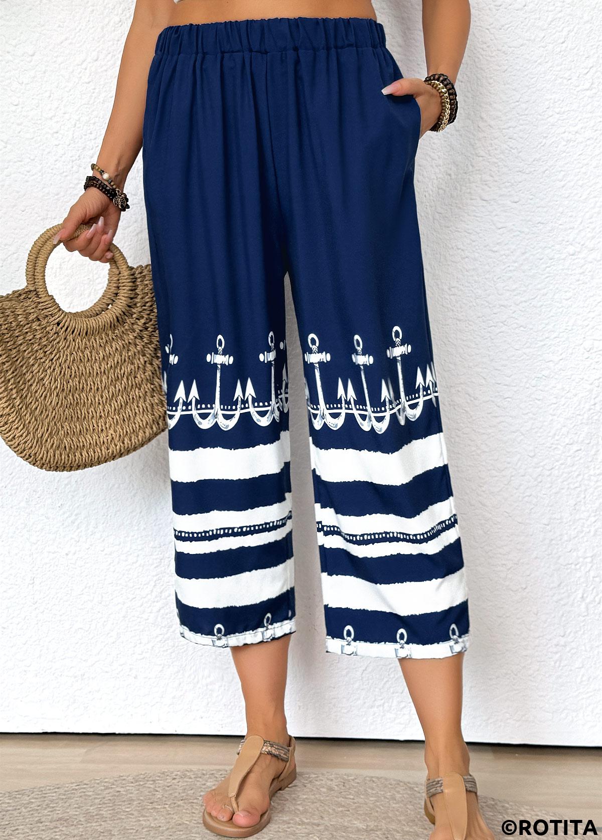 Dark Blue bottoms,Tribal bottoms,Striped bottoms,Geometric bottoms,Tribal Print Dark Blue Straight Leg Elastic Waist Pants
