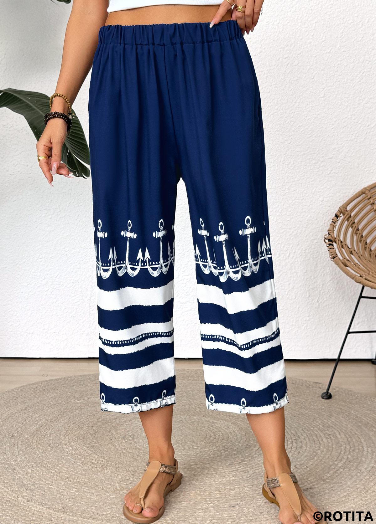 Dark Blue bottoms,Tribal bottoms,Striped bottoms,Geometric bottoms,Tribal Print Dark Blue Straight Leg Elastic Waist Pants