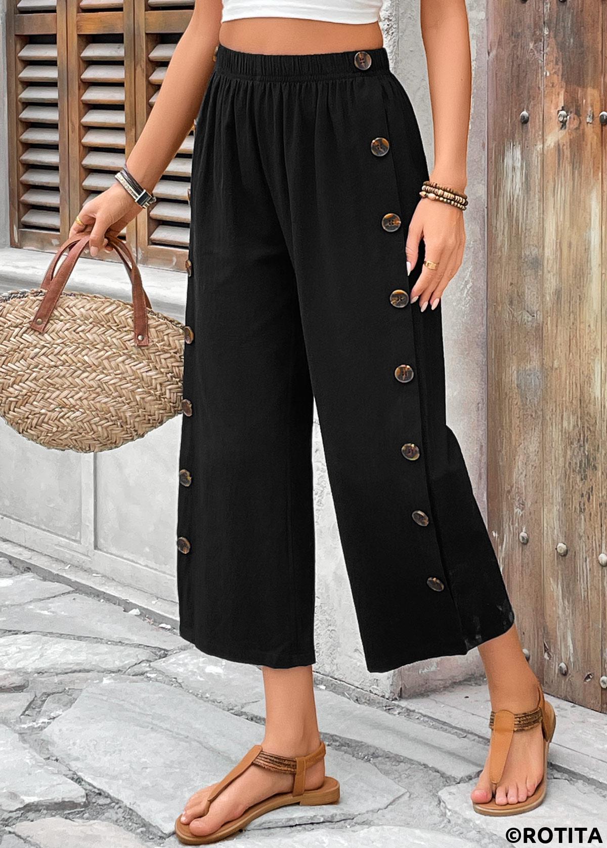 Black bottoms,Plain Color bottoms,Black Straight Leg Elastic Waist High Waisted Pants