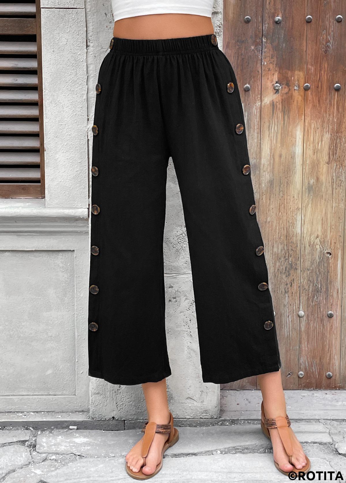Black bottoms,Plain Color bottoms,Black Straight Leg Elastic Waist High Waisted Pants
