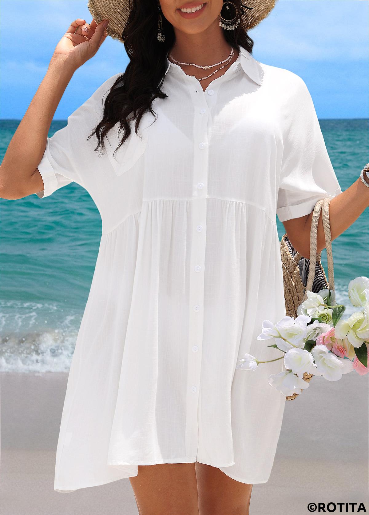 White swimwear,Plain Color swimwear,White Shirt Collar Ruched Cover Up
