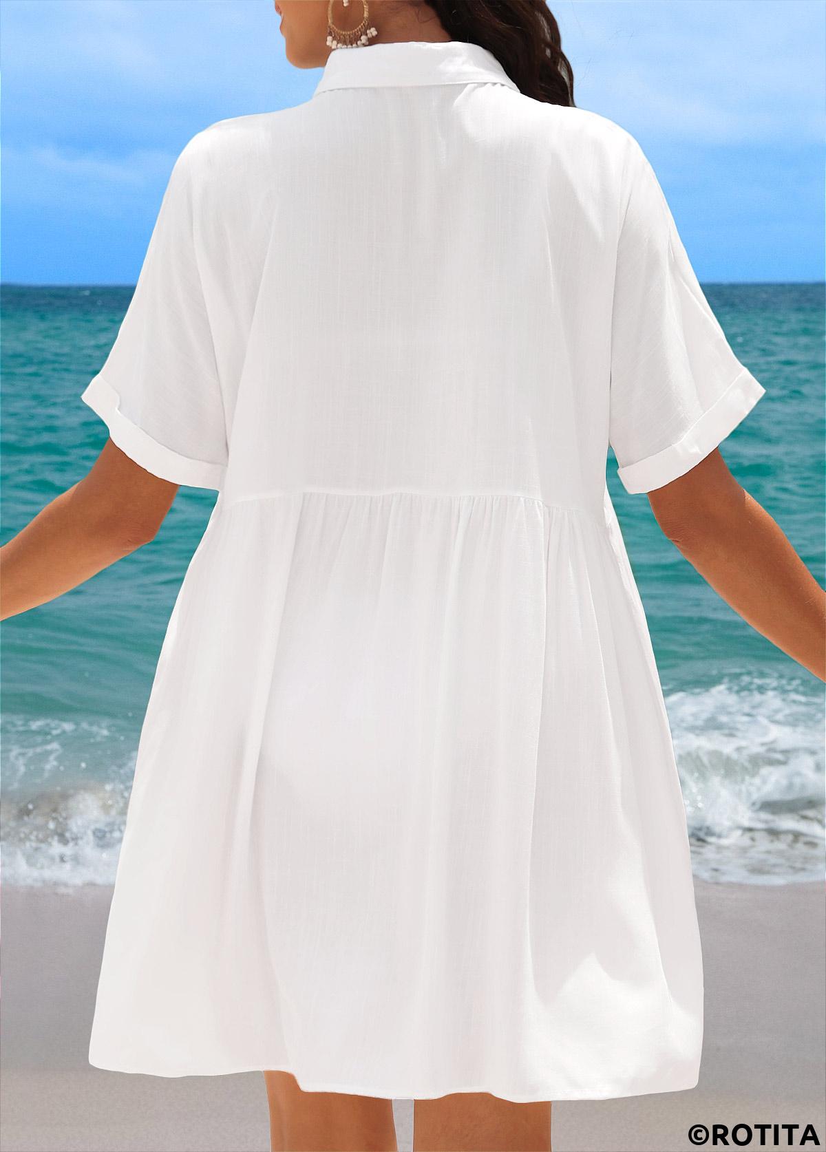 White swimwear,Plain Color swimwear,White Shirt Collar Ruched Cover Up