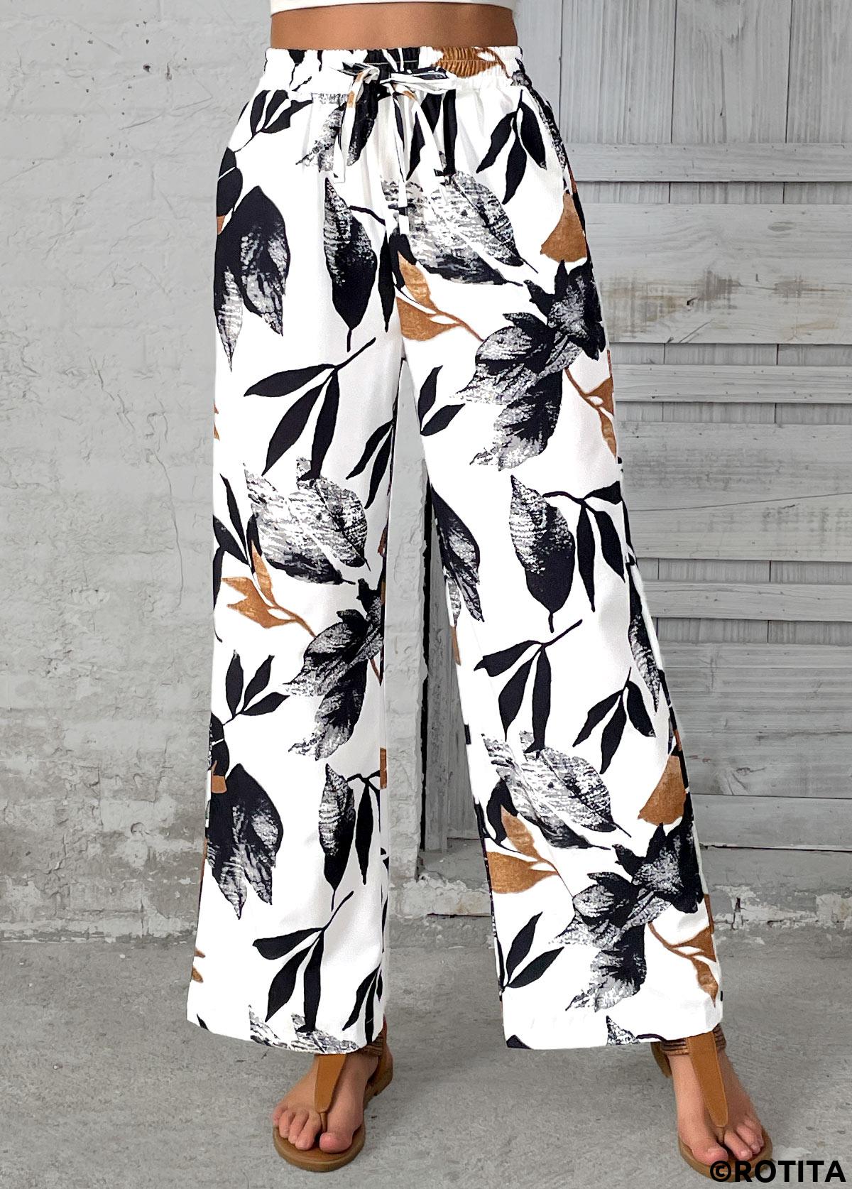 White bottoms,Plants bottoms,Leaf Print White Wide Leg Elastic Waist Pants