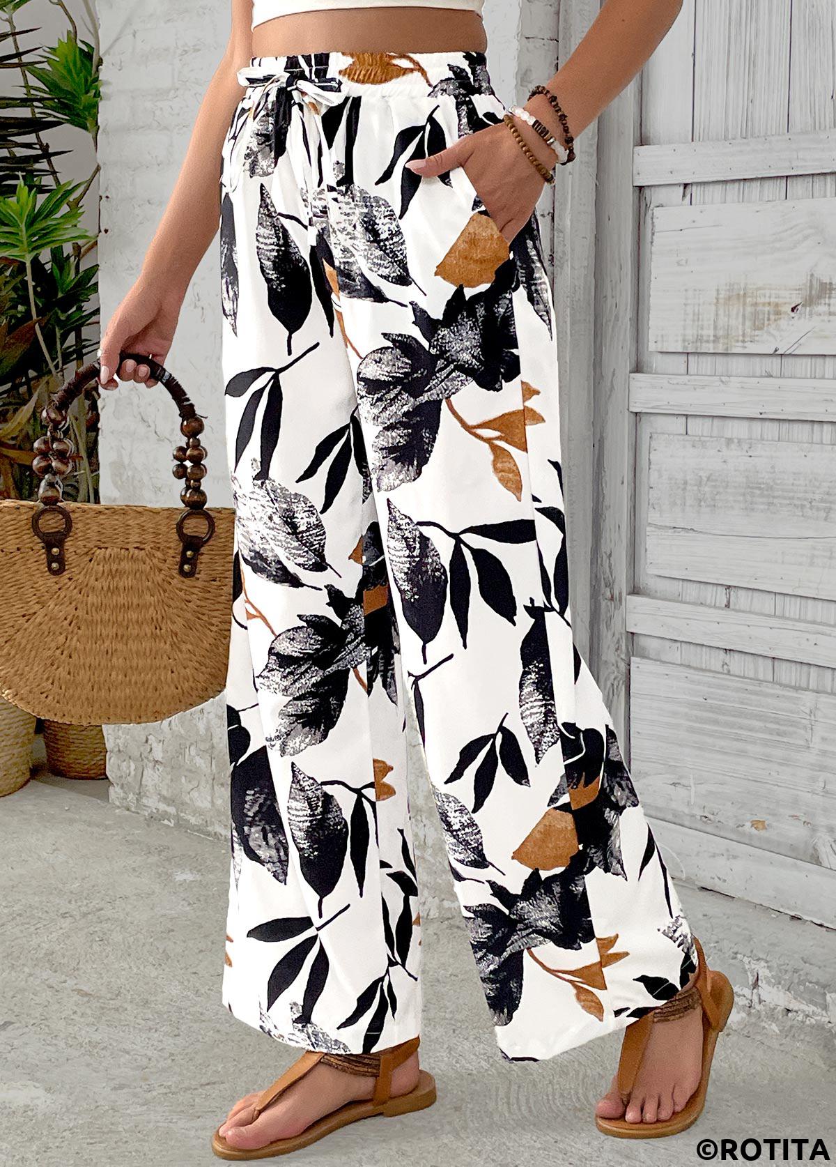 White bottoms,Plants bottoms,Leaf Print White Wide Leg Elastic Waist Pants