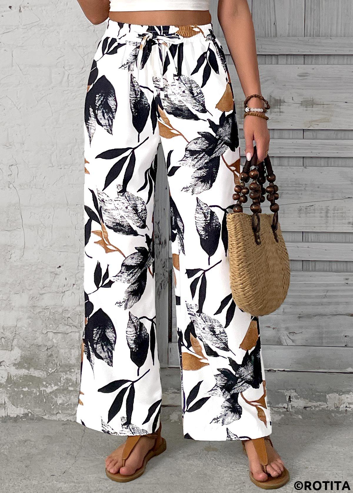 White bottoms,Plants bottoms,Leaf Print White Wide Leg Elastic Waist Pants