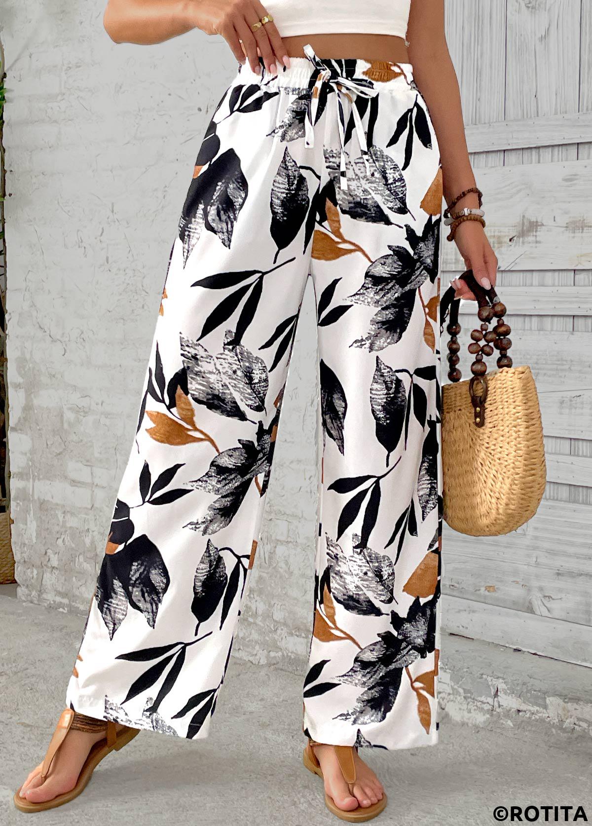 White bottoms,Plants bottoms,Leaf Print White Wide Leg Elastic Waist Pants