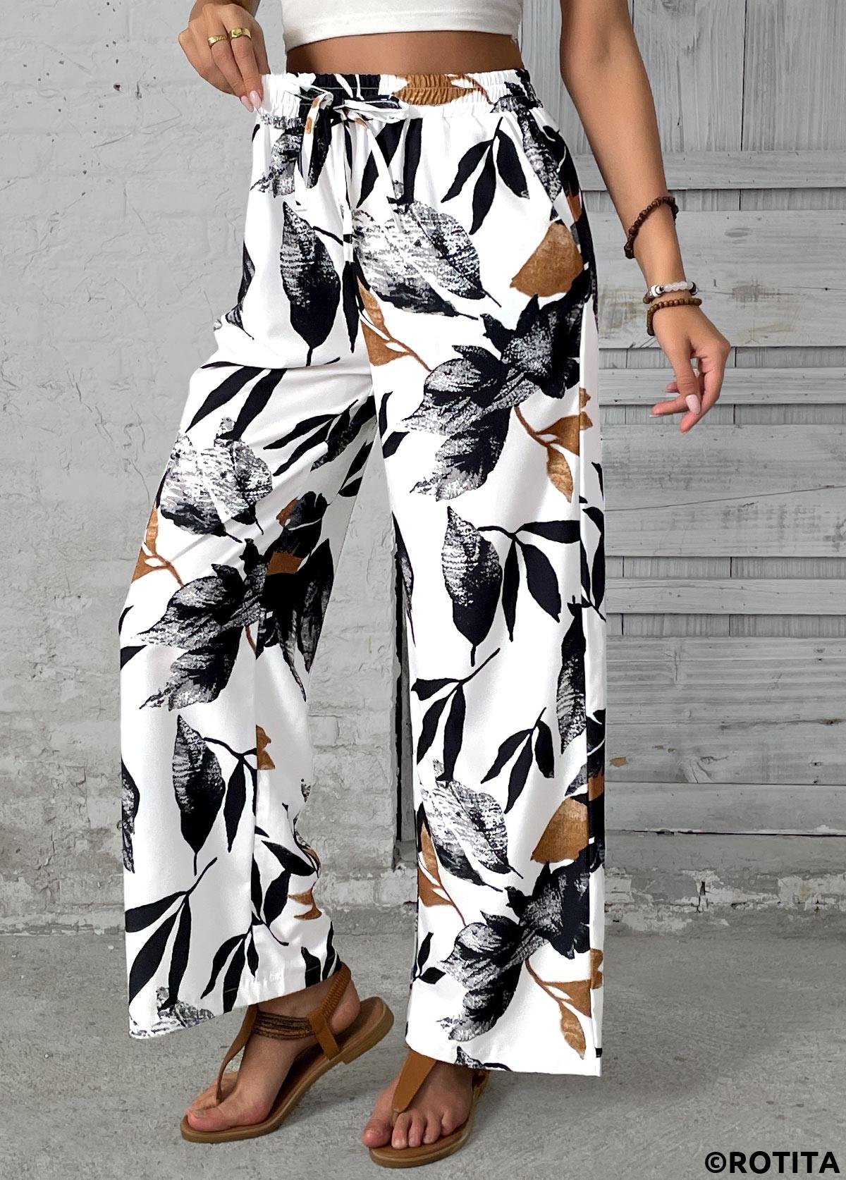 White bottoms,Plants bottoms,Leaf Print White Wide Leg Elastic Waist Pants