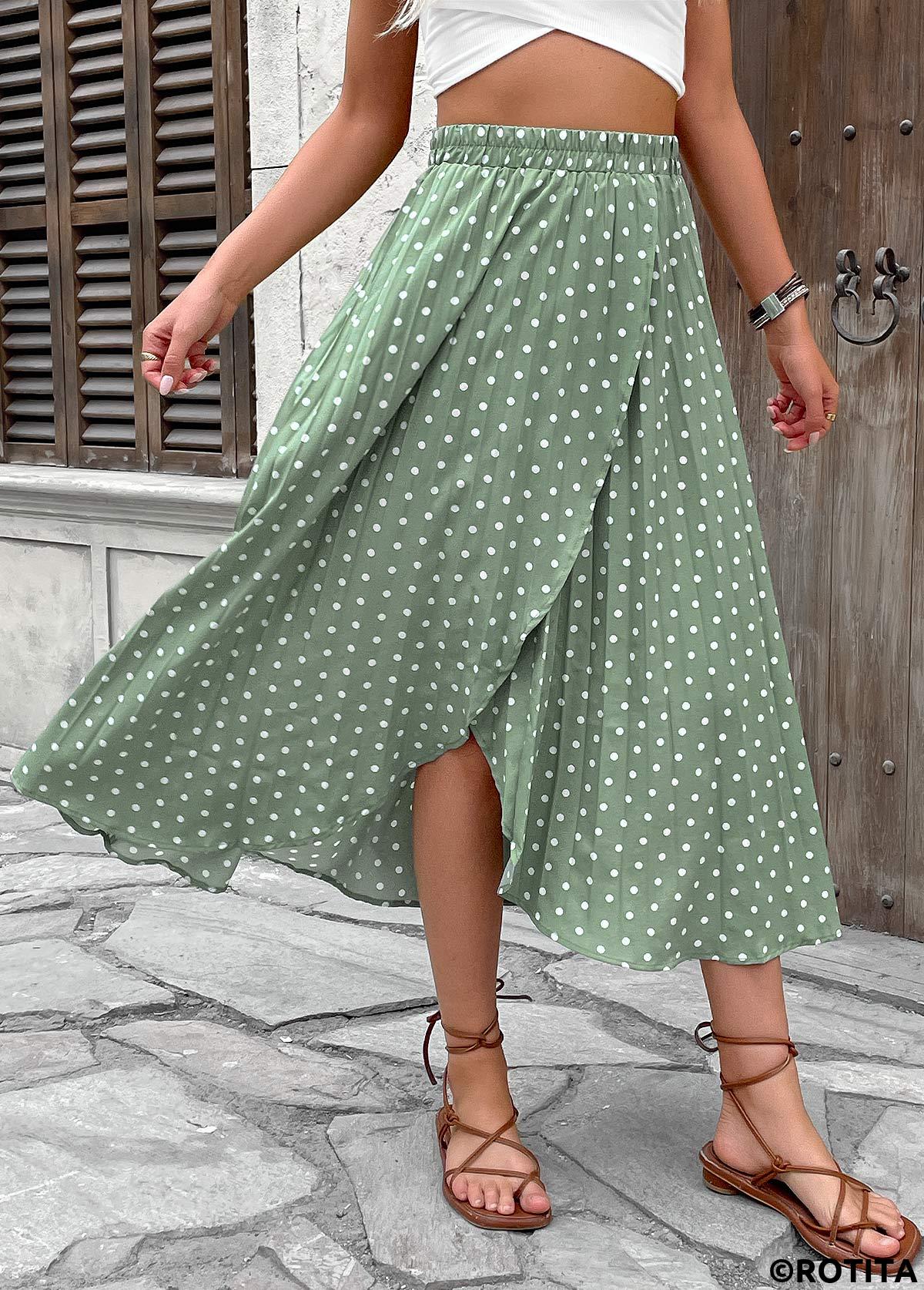Sage Green bottoms,Dot bottoms,Polka Dot Sage Green Maxi Elastic Waist Skirt