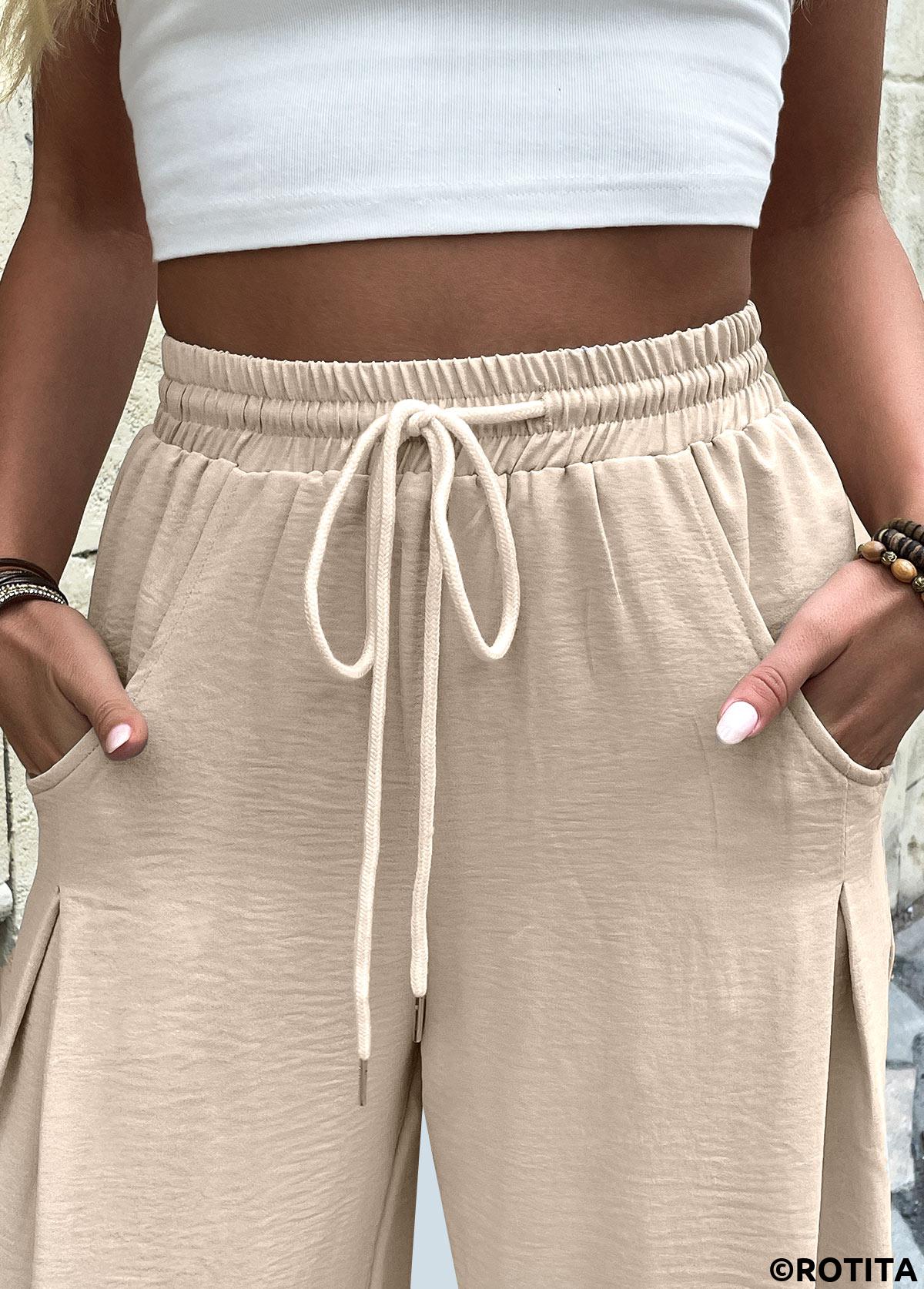 Light Camel bottoms,Plain Color bottoms,Light Camel Wide Leg Elastic Waist High Waisted Pants