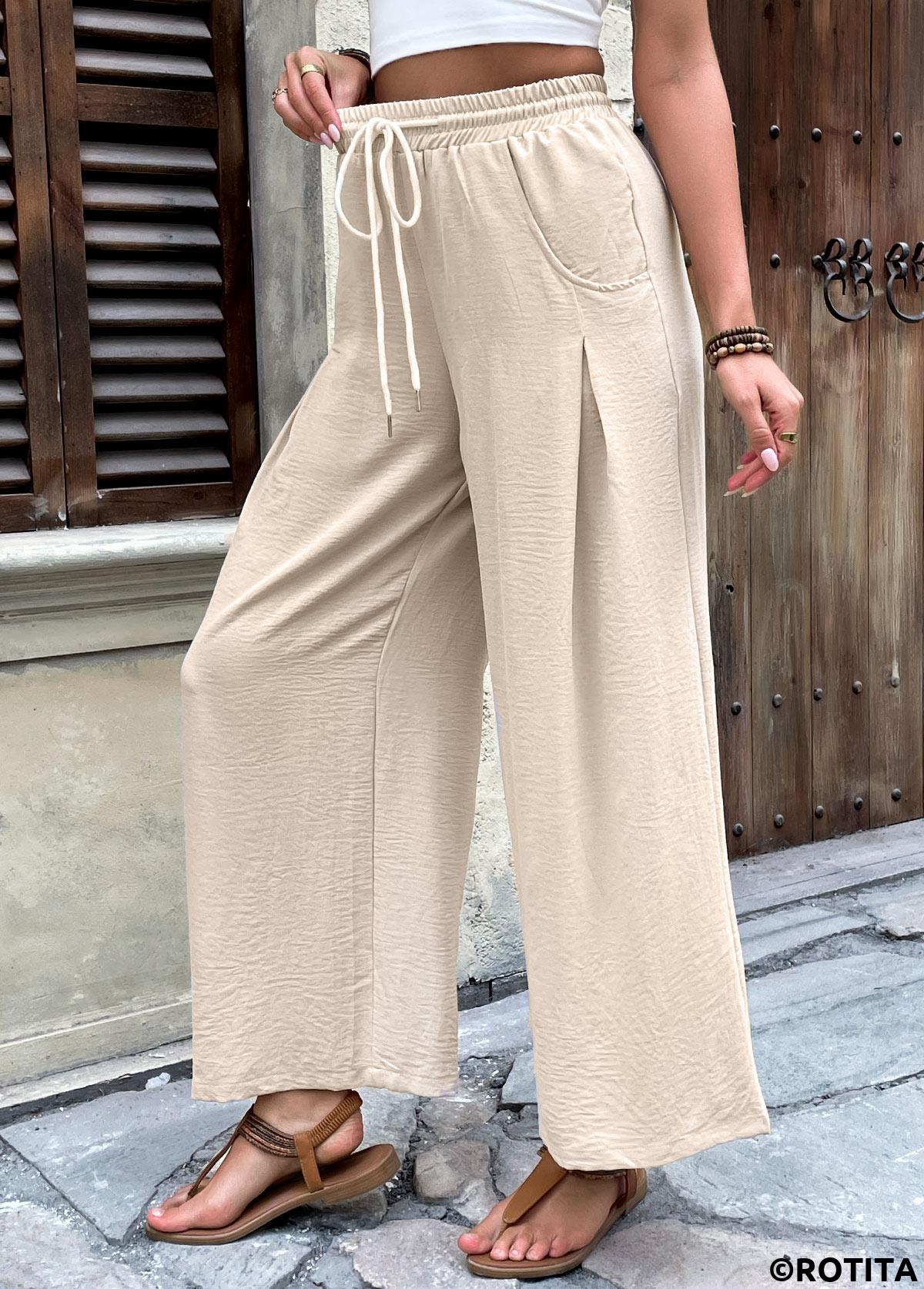 Light Camel bottoms,Plain Color bottoms,Light Camel Wide Leg Elastic Waist High Waisted Pants
