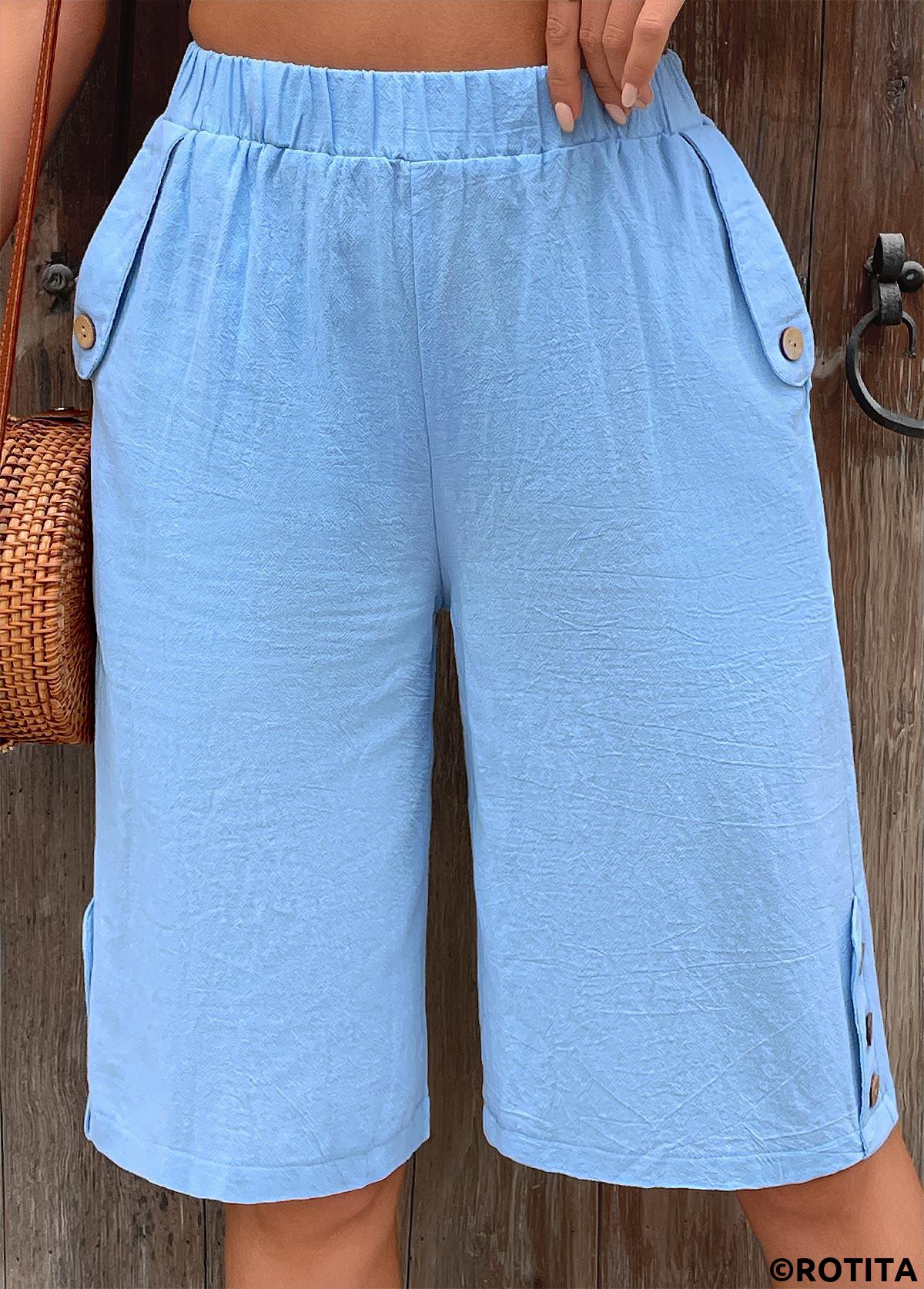 Light Blue bottoms,Plain Color bottoms,Light Blue Straight Leg Elastic Waist High Waisted Shorts