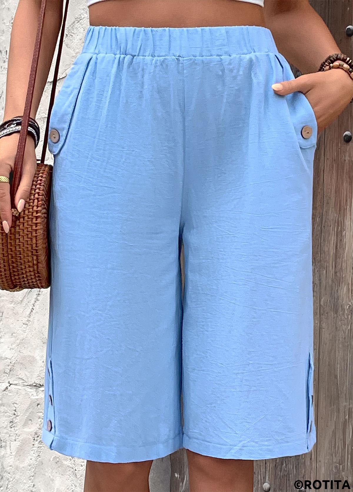 Light Blue bottoms,Plain Color bottoms,Light Blue Straight Leg Elastic Waist High Waisted Shorts