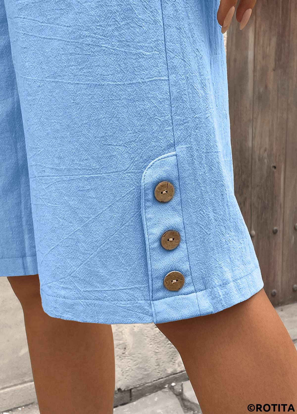 Light Blue bottoms,Plain Color bottoms,Light Blue Straight Leg Elastic Waist High Waisted Shorts
