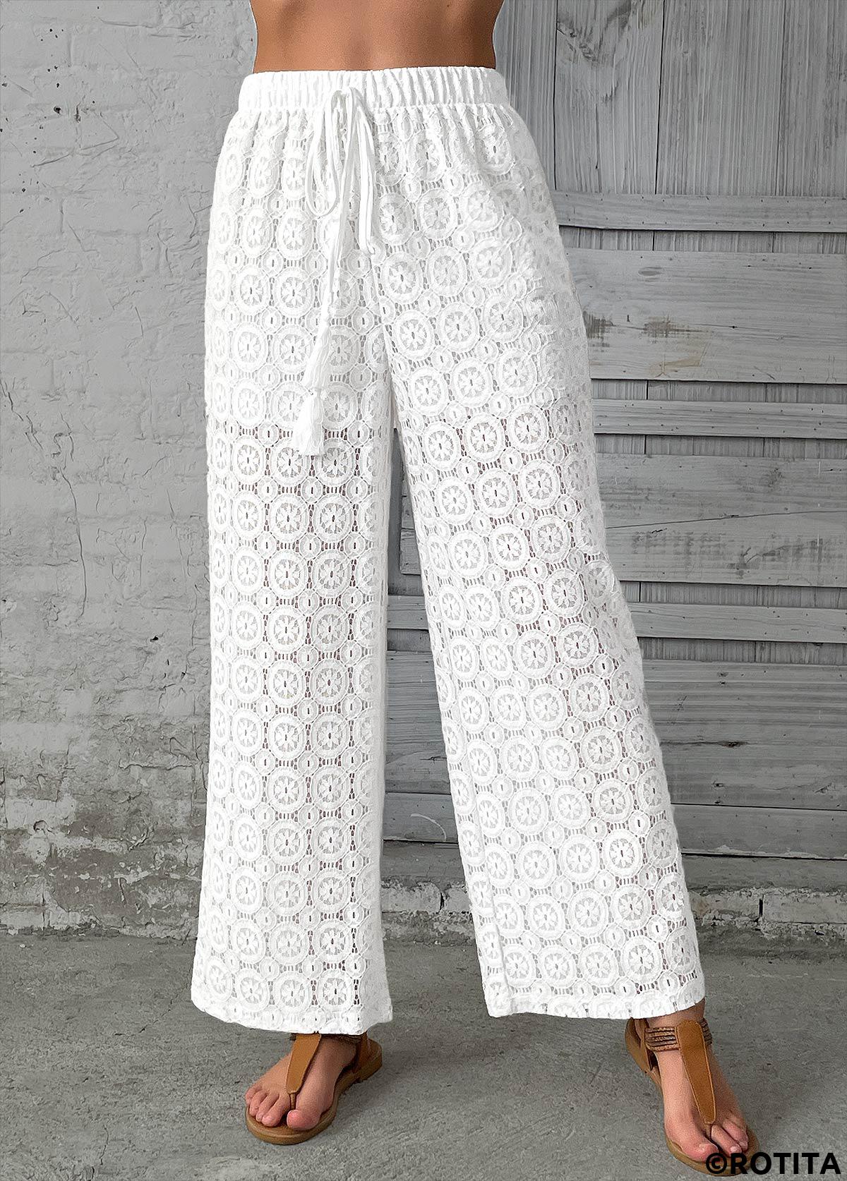 White bottoms,Plain Color bottoms,White Wide Leg Elastic Waist High Waisted Pants