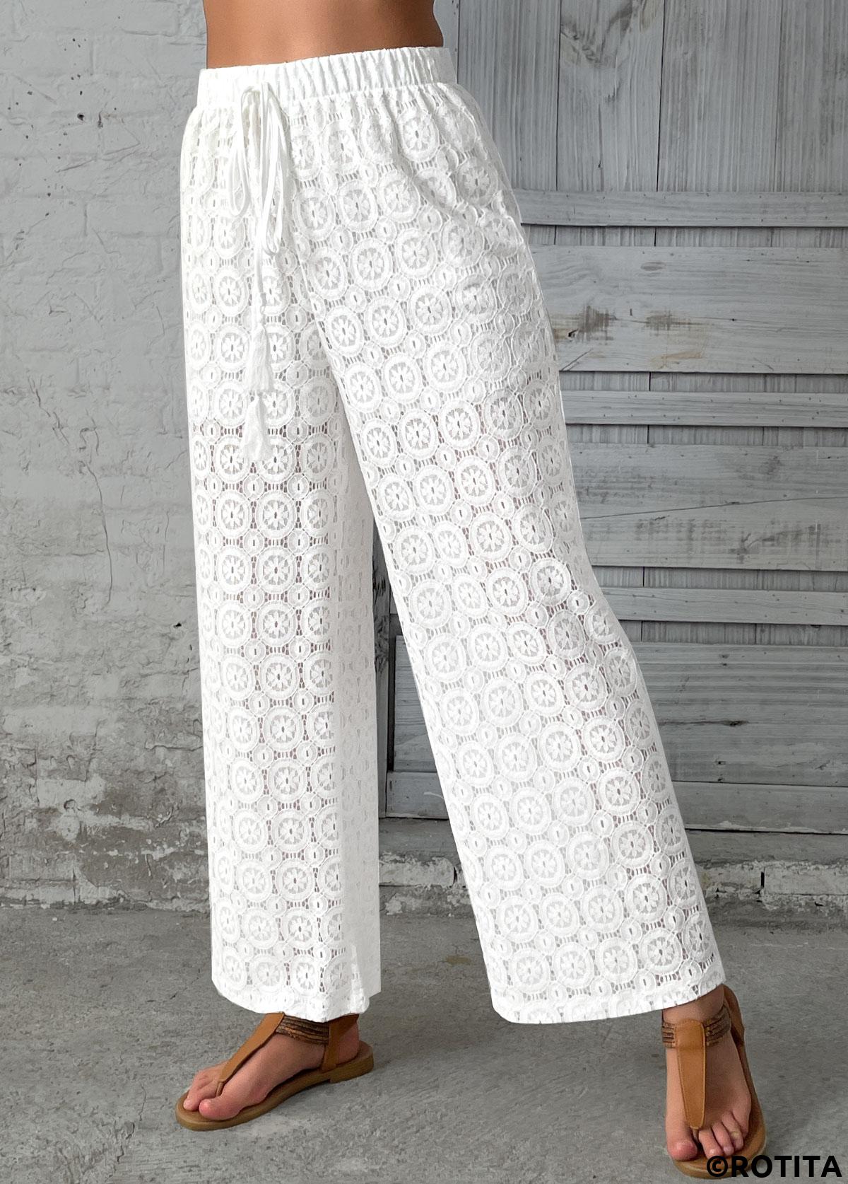 White bottoms,Plain Color bottoms,White Wide Leg Elastic Waist High Waisted Pants