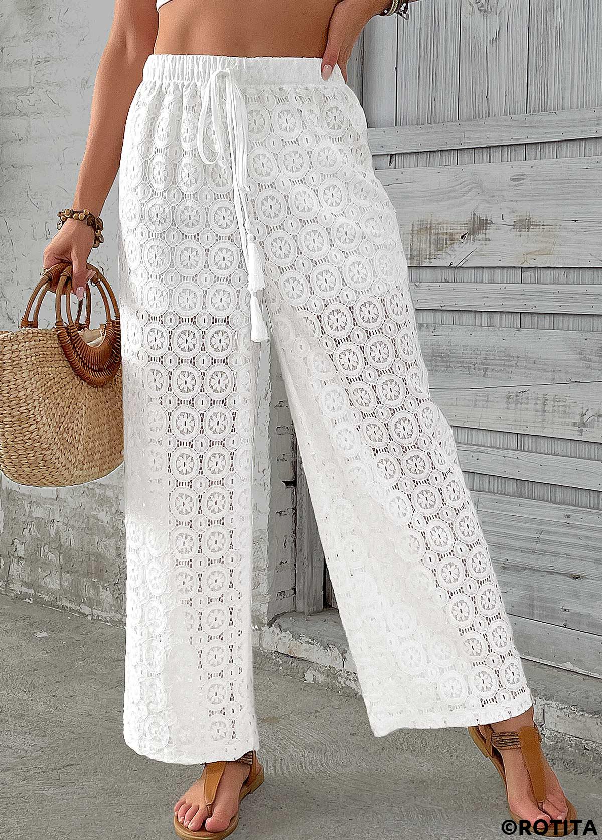 White bottoms,Plain Color bottoms,White Wide Leg Elastic Waist High Waisted Pants