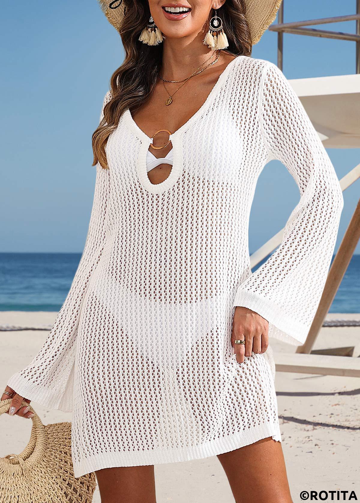 White swimwear,Plain Color swimwear,White Cut Out V Neck Cover Up