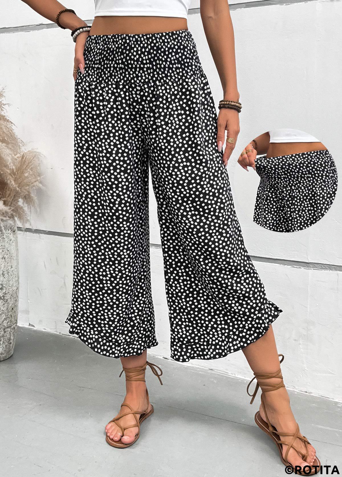 Black bottoms,Dot bottoms,Polka Dot Black Wide Leg Elastic Waist Pants