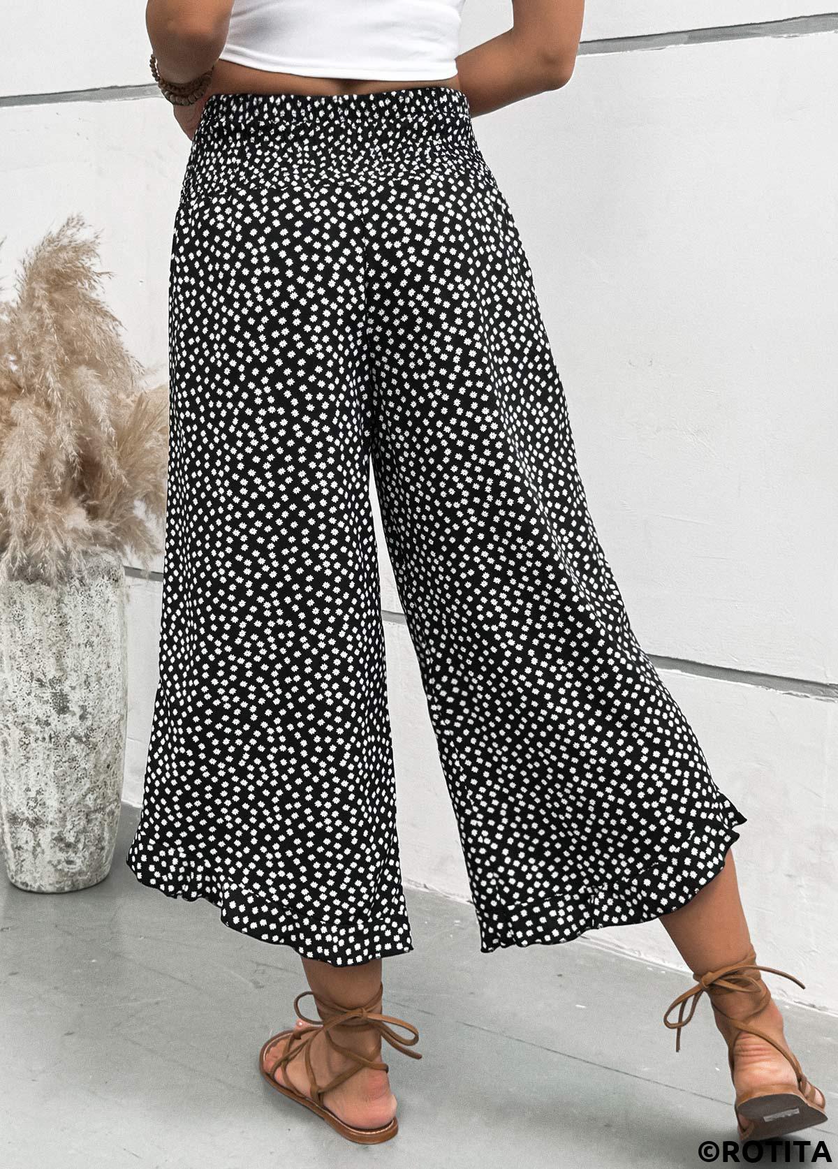Black bottoms,Dot bottoms,Polka Dot Black Wide Leg Elastic Waist Pants