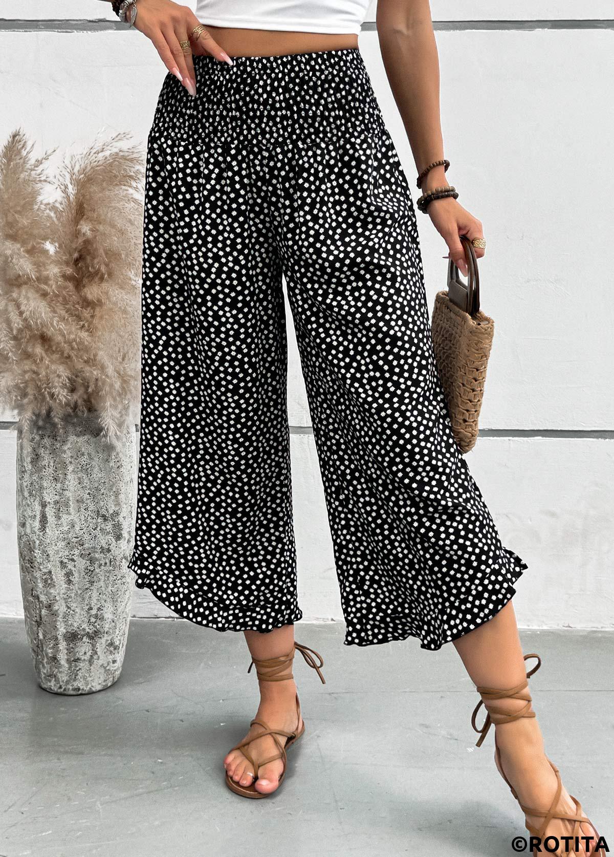 Black bottoms,Dot bottoms,Polka Dot Black Wide Leg Elastic Waist Pants