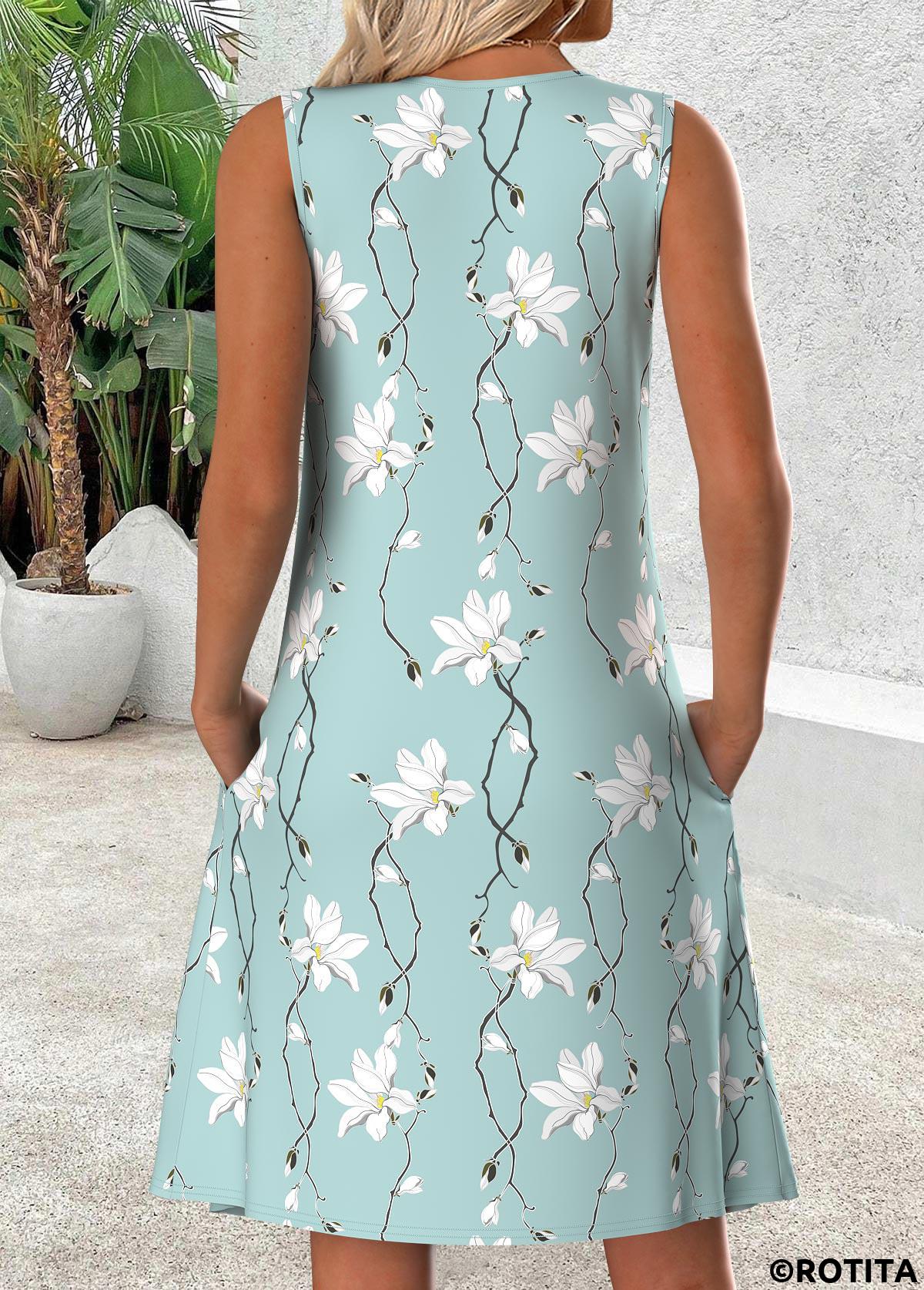 Light Blue dresses,Floral dresses,Plants dresses,Everyday dresses,Casual dresses,ROTITA Floral Print Light Blue Short Scoop Neck Sleeveless Dress
