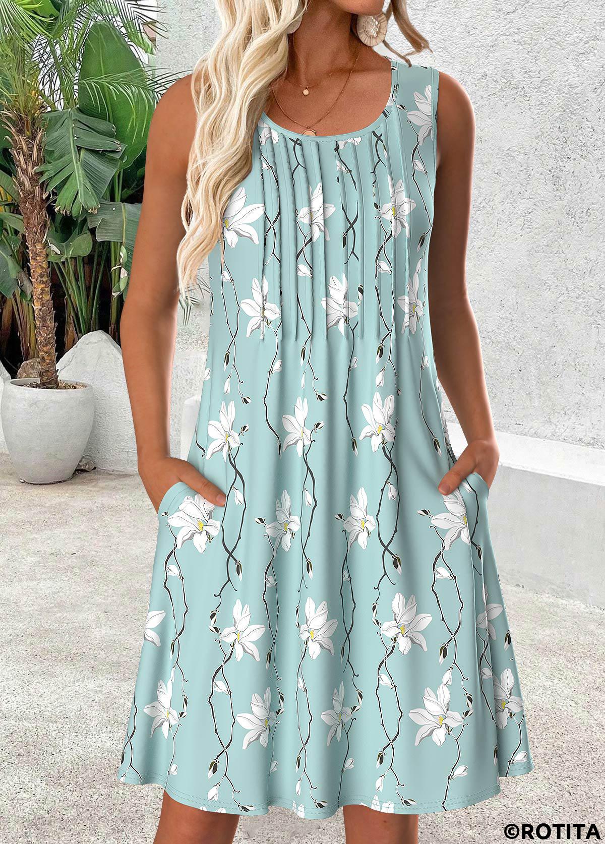 Light Blue dresses,Floral dresses,Plants dresses,Everyday dresses,Casual dresses,ROTITA Floral Print Light Blue Short Scoop Neck Sleeveless Dress