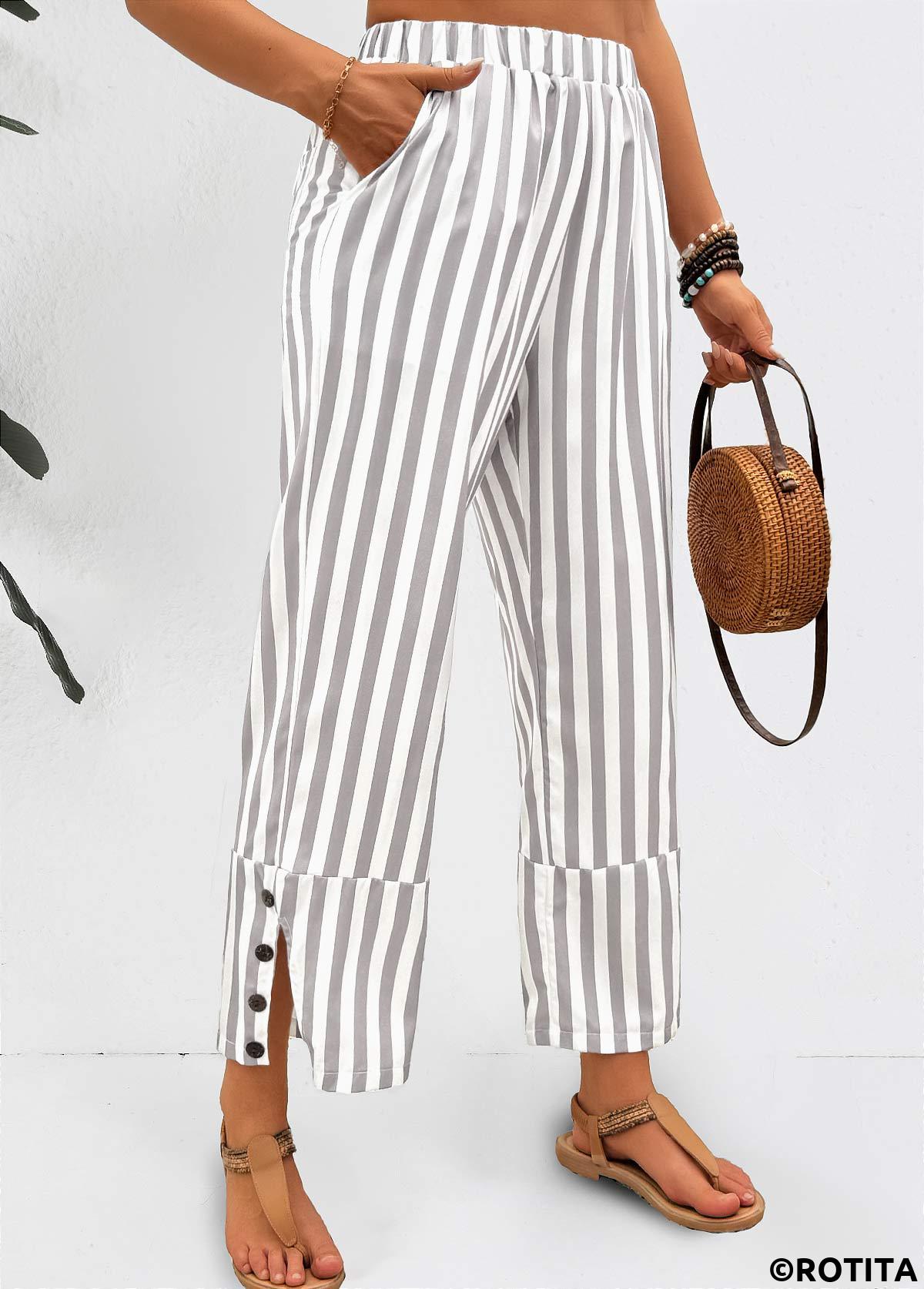 Light Grey bottoms,Striped bottoms,Geometric bottoms,Striped Light Grey Elastic Waist Mid Waisted Pants