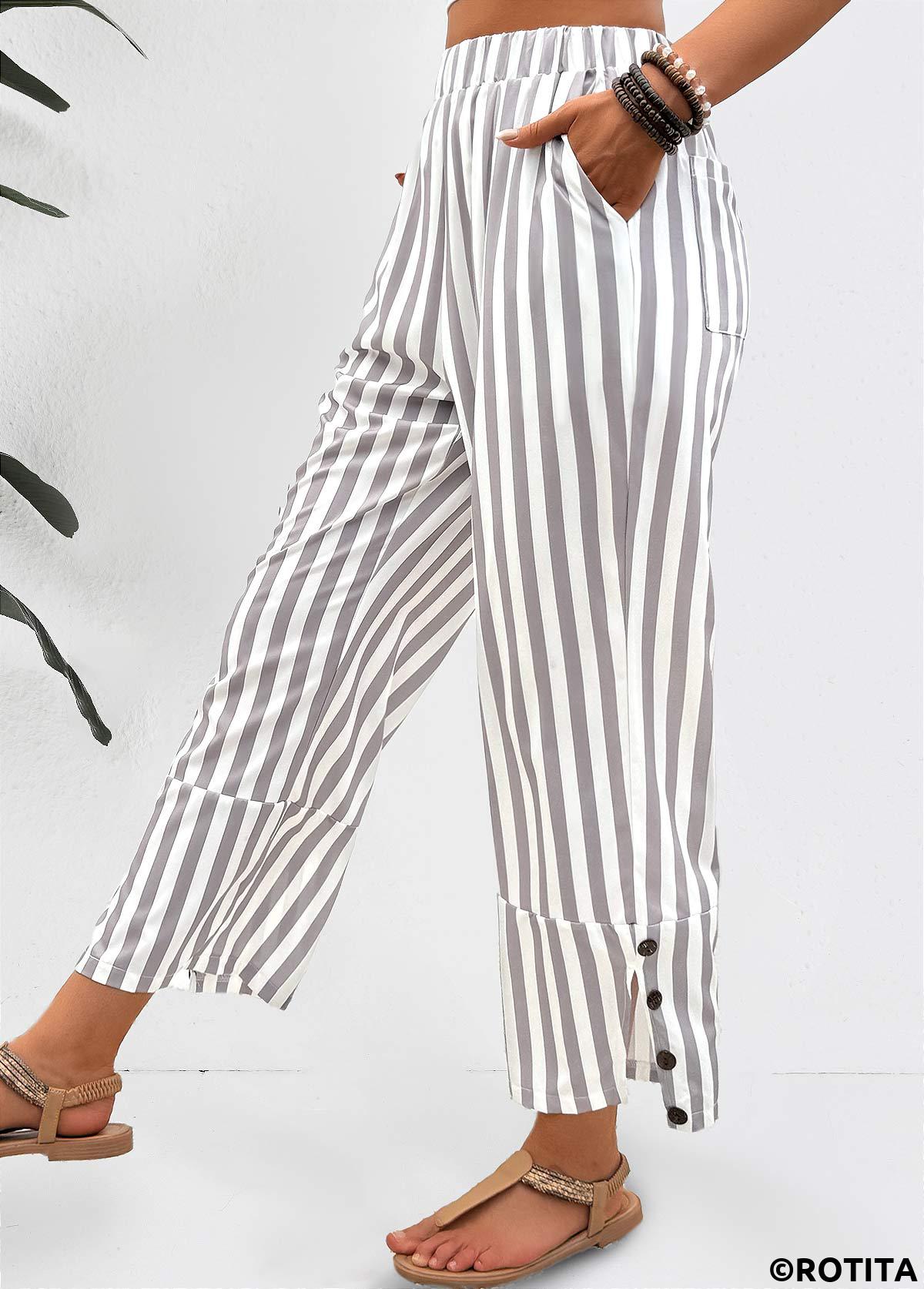 Light Grey bottoms,Striped bottoms,Geometric bottoms,Striped Light Grey Elastic Waist Mid Waisted Pants