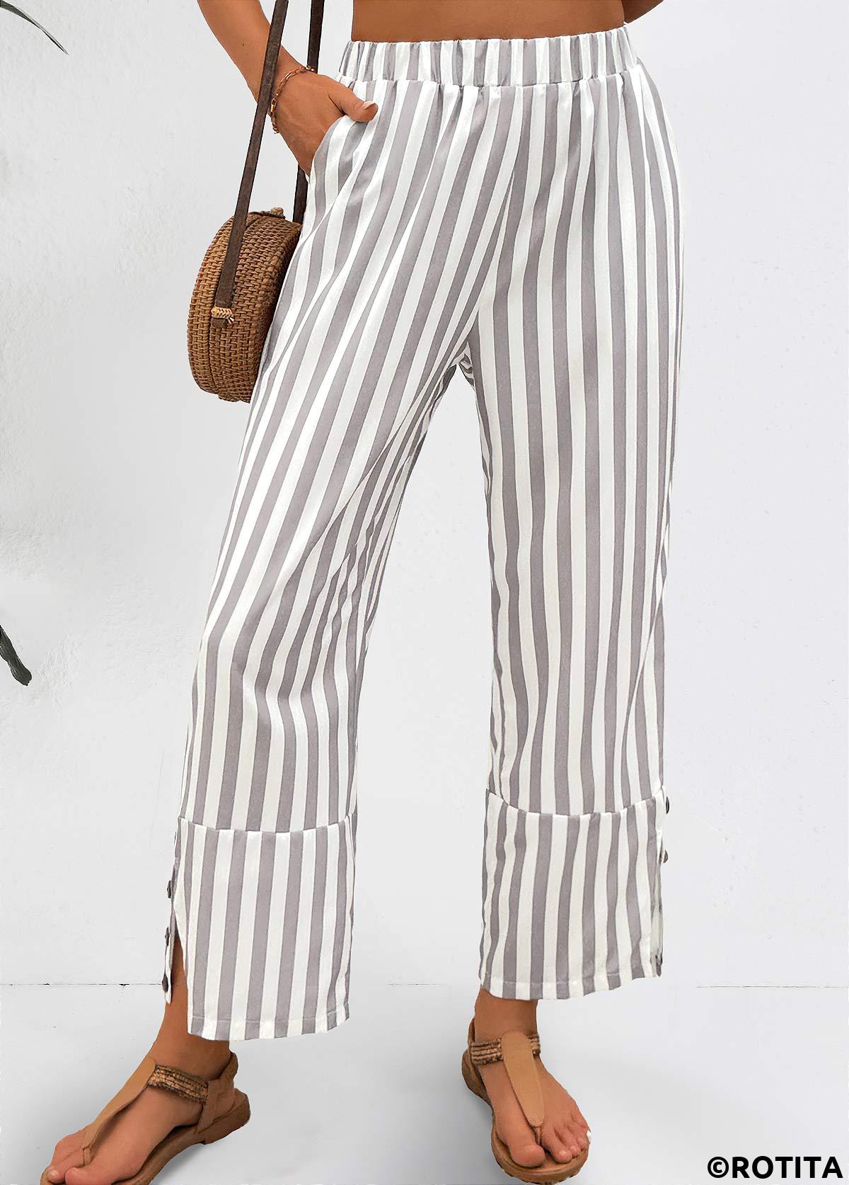 Light Grey bottoms,Striped bottoms,Geometric bottoms,Striped Light Grey Elastic Waist Mid Waisted Pants
