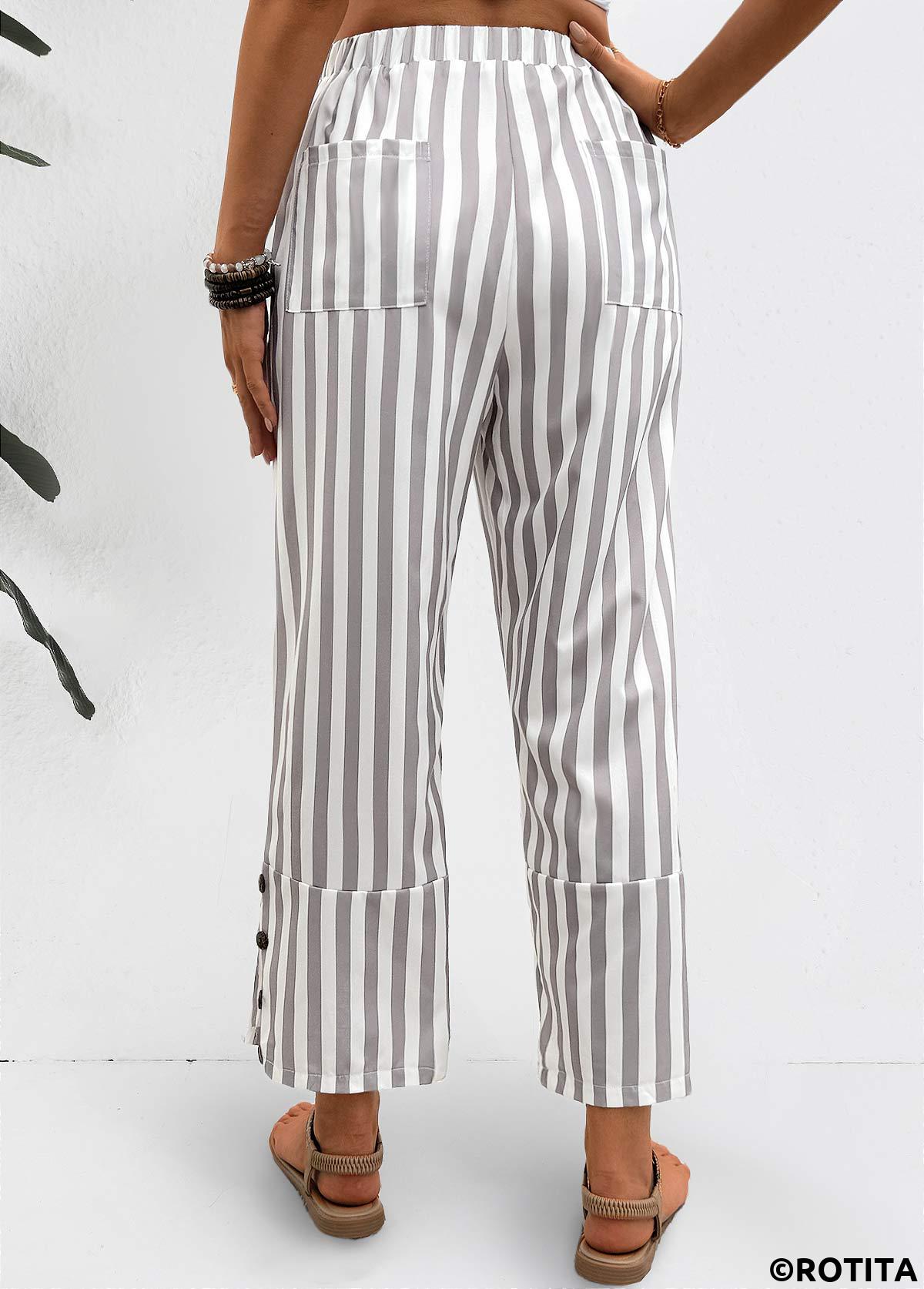 Light Grey bottoms,Striped bottoms,Geometric bottoms,Striped Light Grey Elastic Waist Mid Waisted Pants