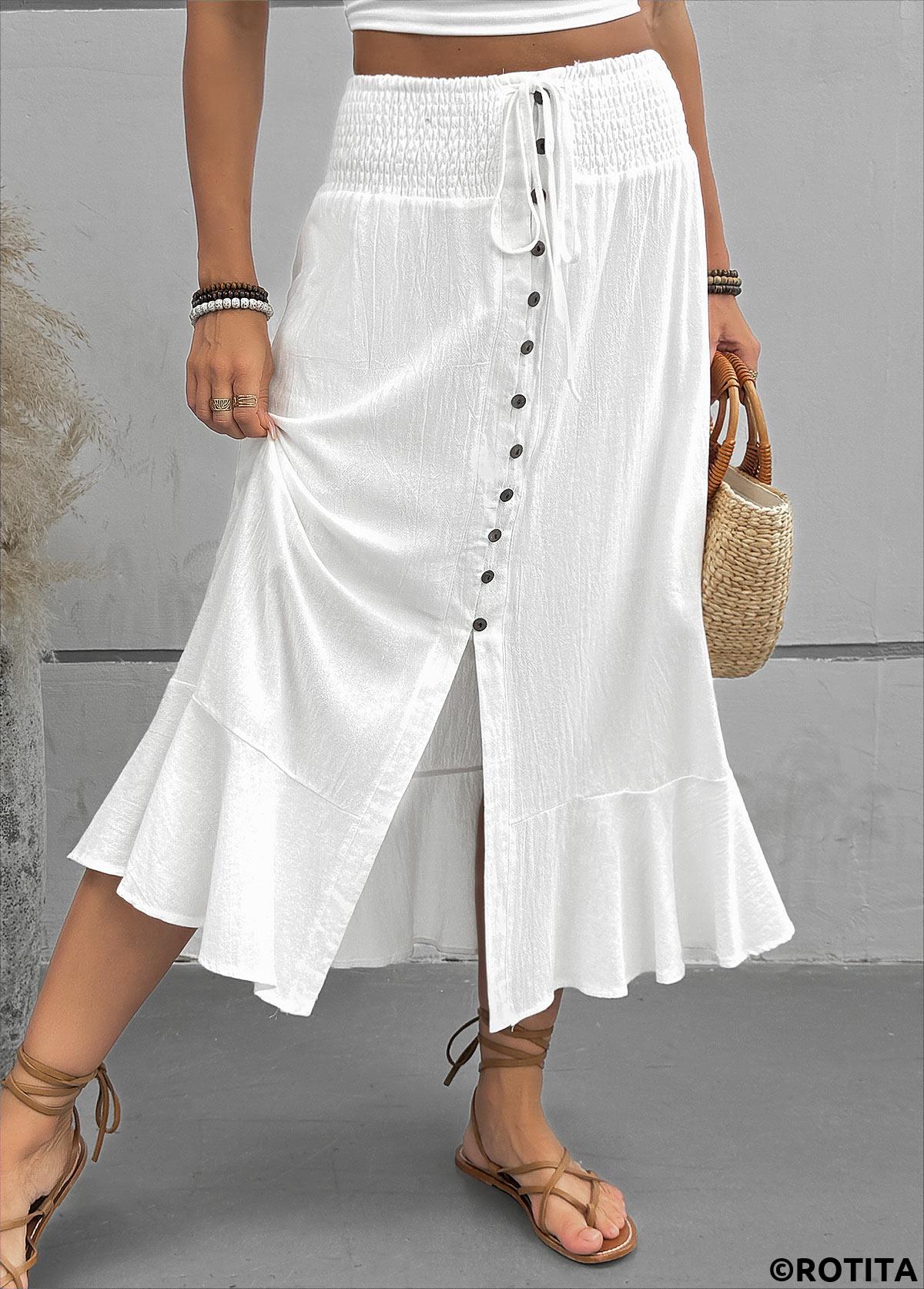 White bottoms,Plain Color bottoms,White Elastic Waist A Line Skirt