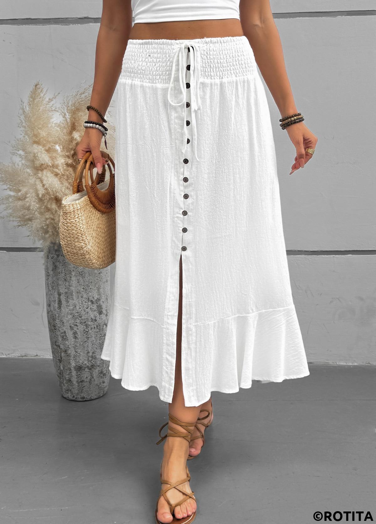 White bottoms,Plain Color bottoms,White Elastic Waist A Line Skirt