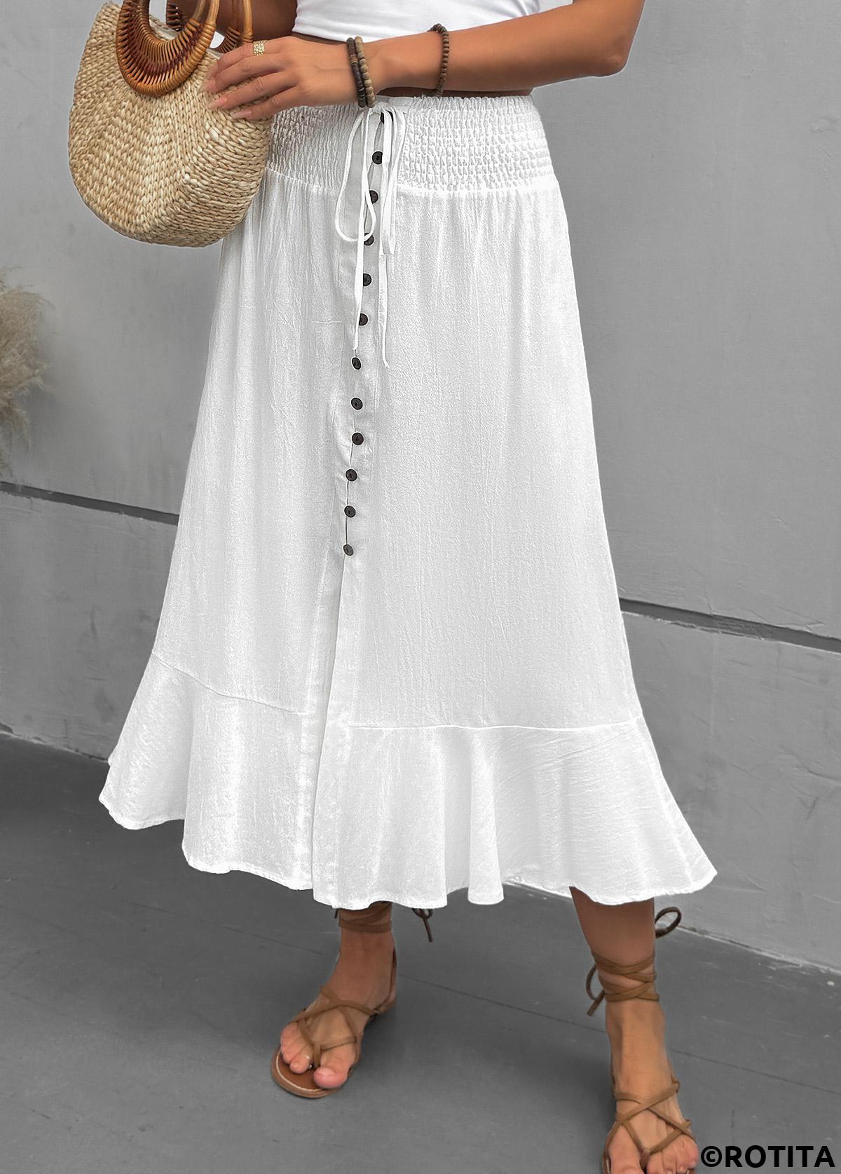 White bottoms,Plain Color bottoms,White Elastic Waist A Line Skirt